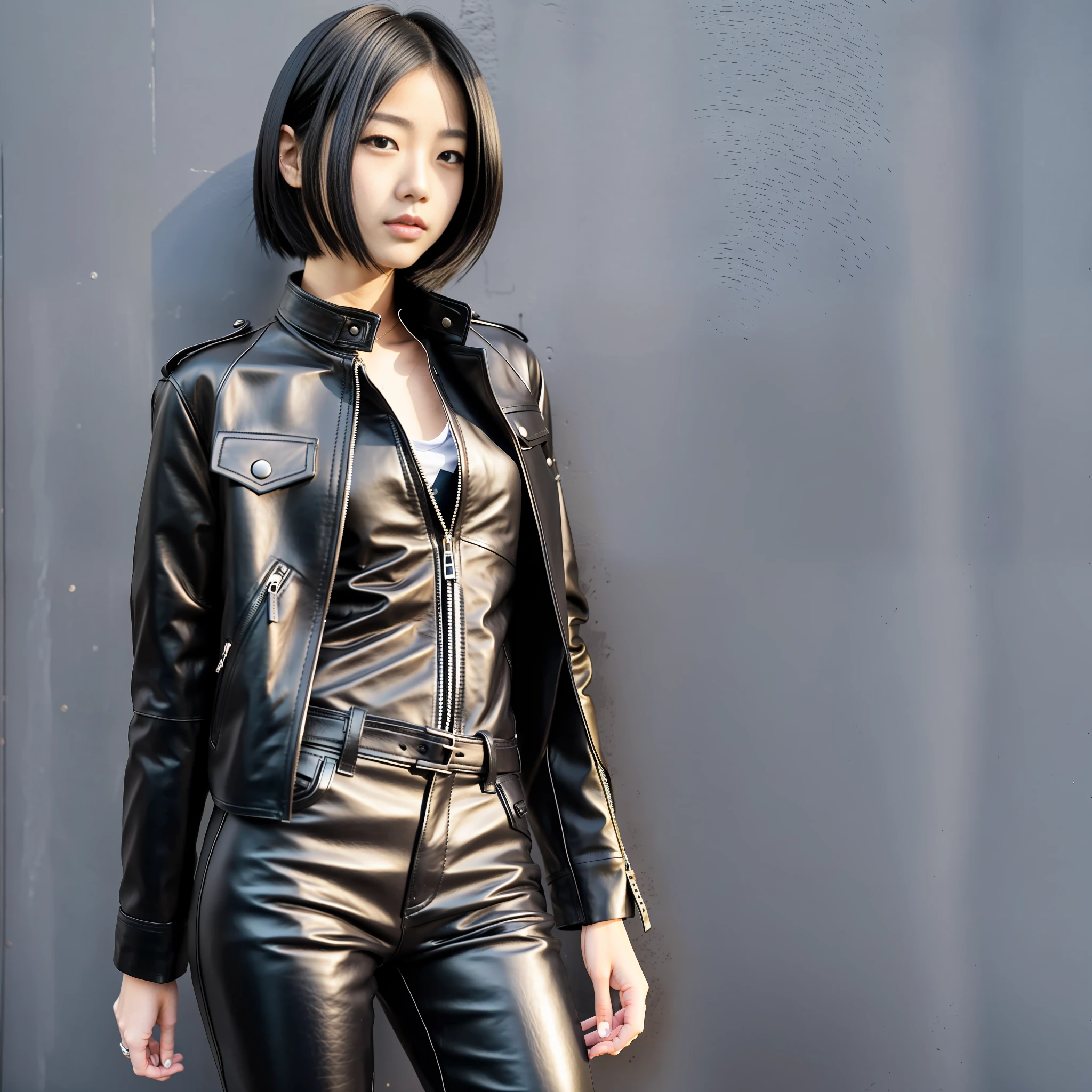 Japan Female 18 years old Full Length Boyish Cool Black Riders Jacket Leather Pants Leather Boots 180cm F Cup Black Hair Short Cuts