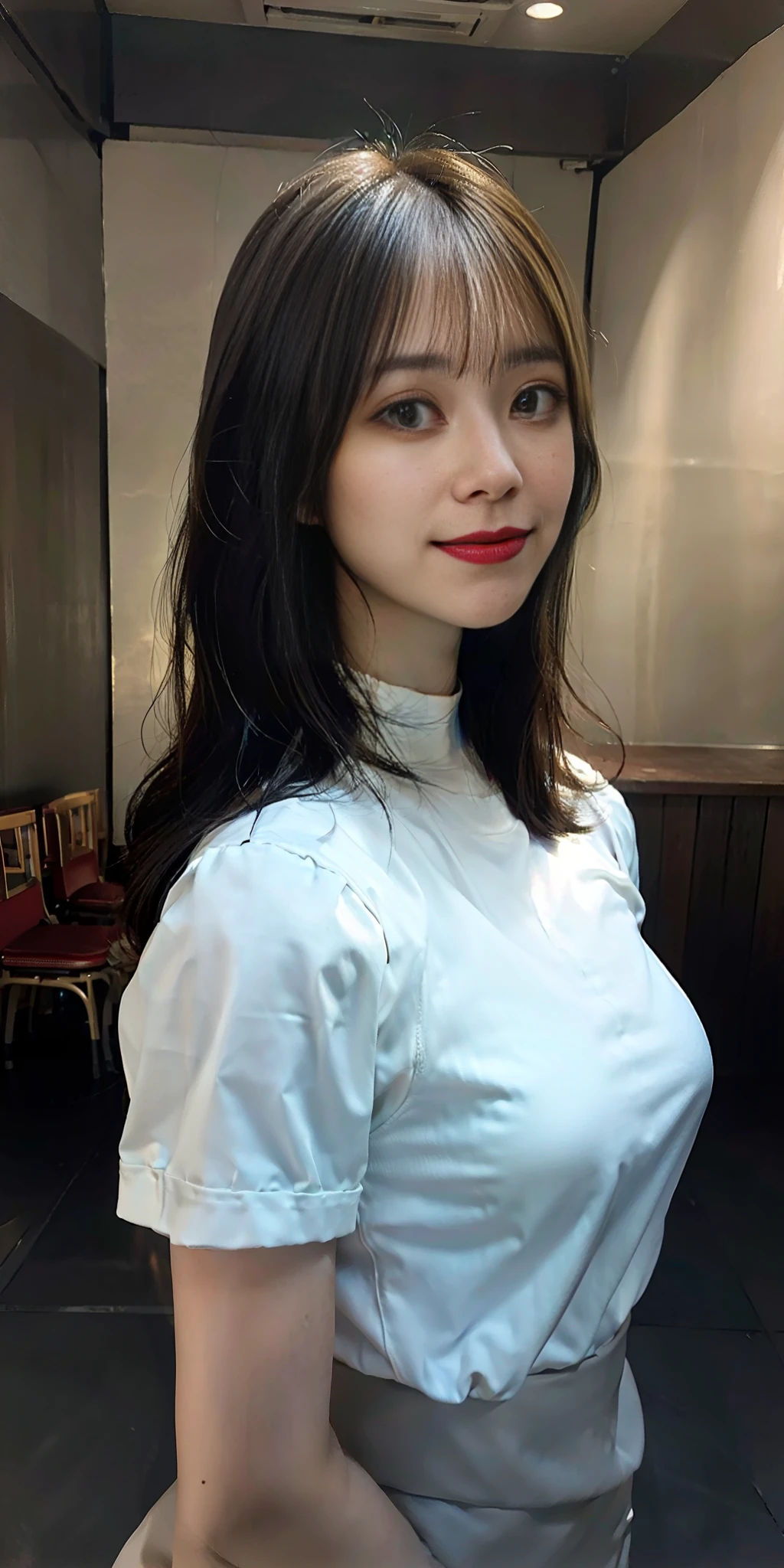 best quality, masterpiece, (photorealistic:1.4), 1girl, light smile, shirt with collars, waist up, dramatic lighting, from below.