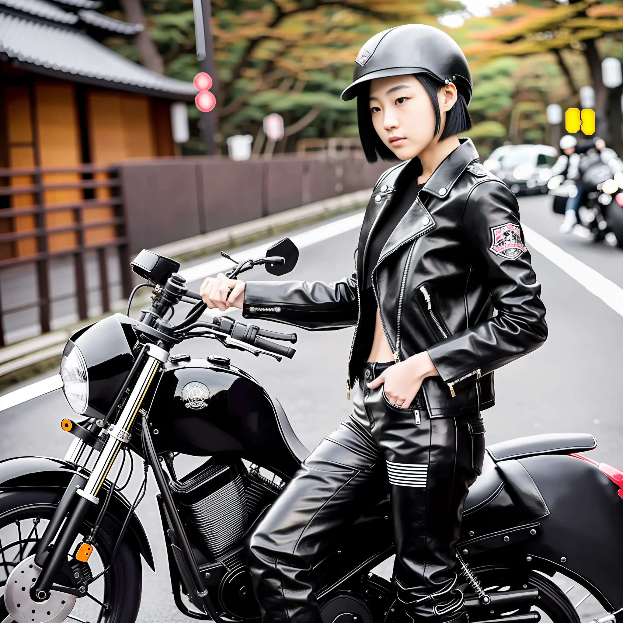Japan Female 18 years old Full Length Boyish Cool Black Riders Jacket Leather Pants Leather Boots 180cm F Cup Black Hair Short Cuts
