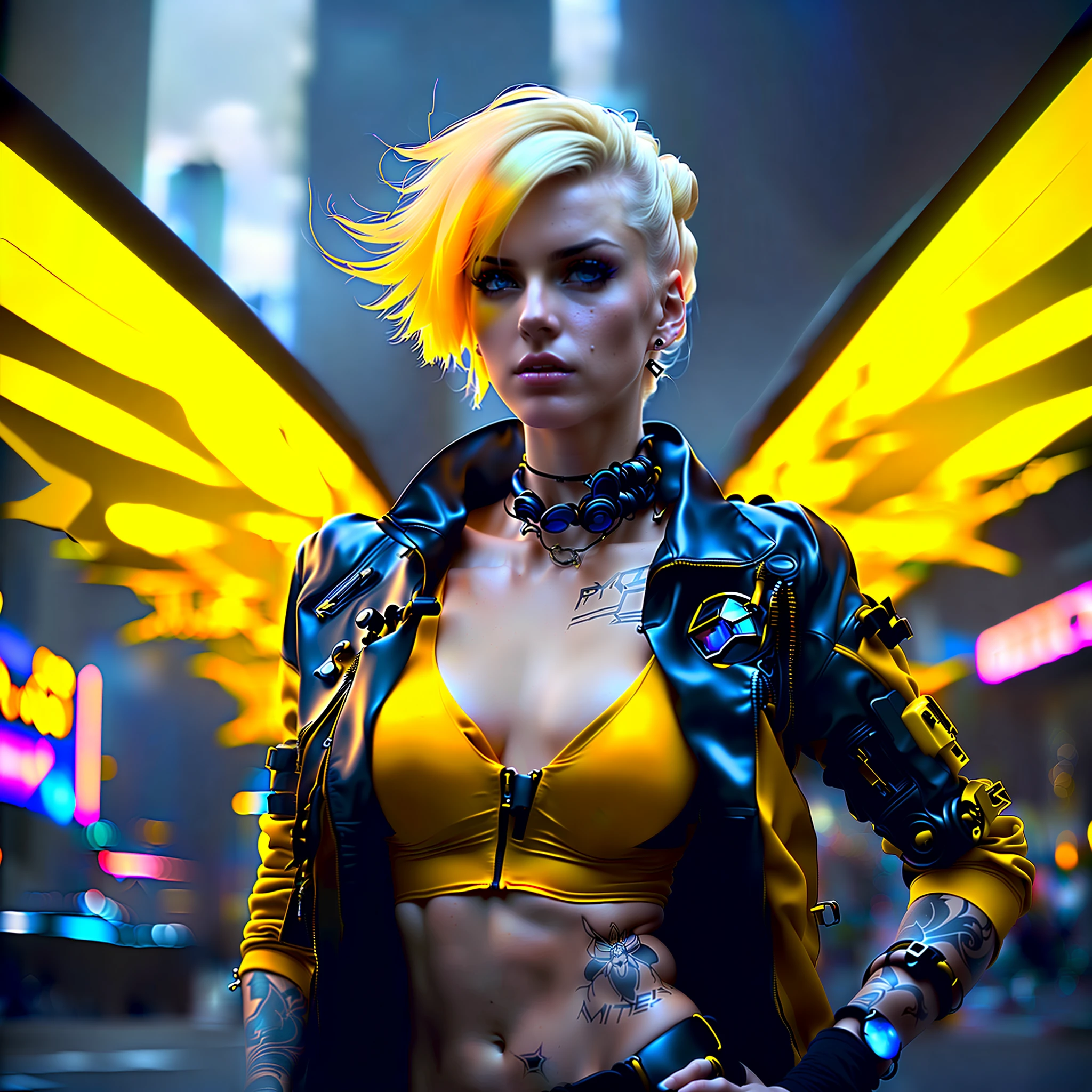 arafed woman with a yellow top and black jacket posing for a picture, cyberpunk angry gorgeous goddess, beautiful cyberpunk woman model, cyberpunk 2 0 y. o model girl, hyper-realistic cyberpunk style, in cyberpunk style, cyberpunk art ultrarealistic 8k, cyberpunk photo, cyberpunk beautiful girl, style of cyberpunk 2 0 7 7, cyberpunk bee