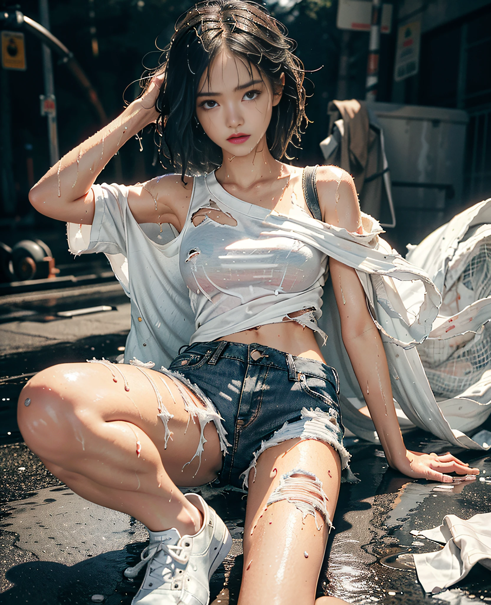best image quality, masterpiece, super high resolution, (fidelity:1.4), photo, 1 girl, white shirt, torn jeans, white sneakers, dim, darkness, happy, pity, poor, movie, laugh, teardrops, (torn clothes:1.5), (wet clothes:1.4), bare shoulders, real rain, wet hair,..