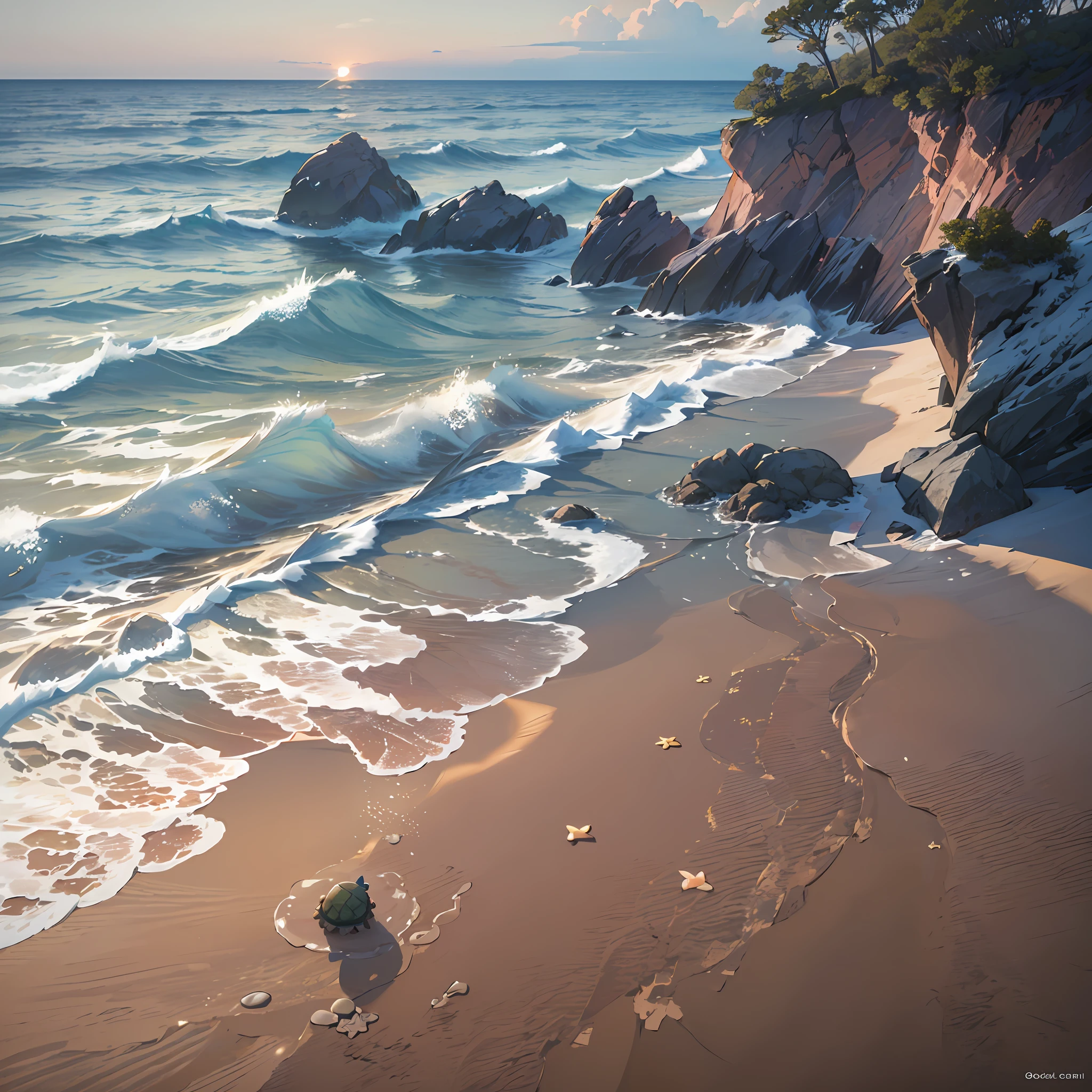 graphics, realistic fantasy, Extensive landscape ultra photography, realistic image of an animal (general view, which shows a sandy shore, water, foam, sand, shells, footprints, drops, solo turtle, realistic), blurred background, dawn, warm, sea shade, a little pink, airy color, --auto --s2