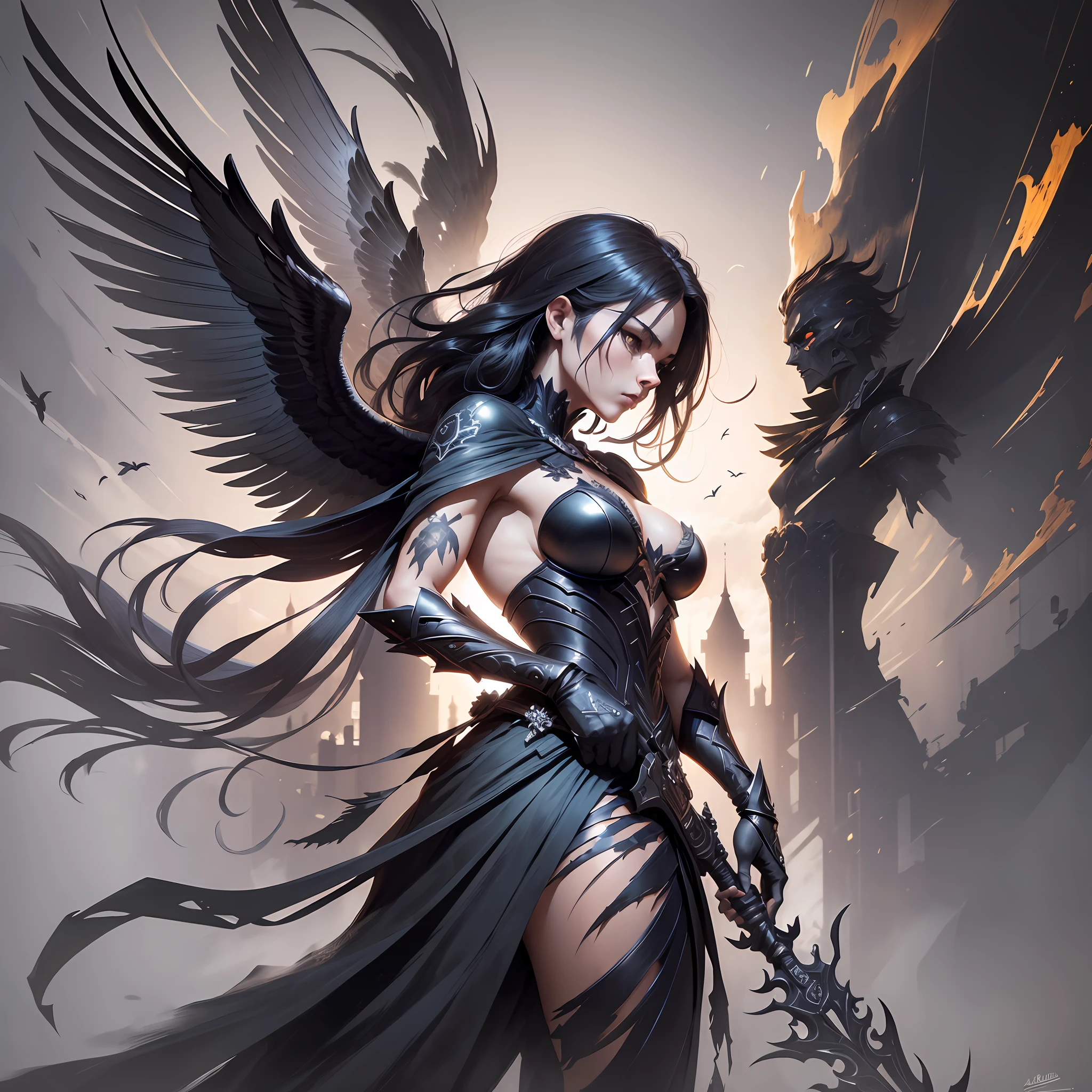 (Best quality, masterpiece), a hybrid figure of crow and human with a weapon, beautiful and frightening, dramatic silhouette, dynamic framing, striking lights and shadows, hand-drawn style, strong brushstrokes, dark and mysterious background. --auto --s2