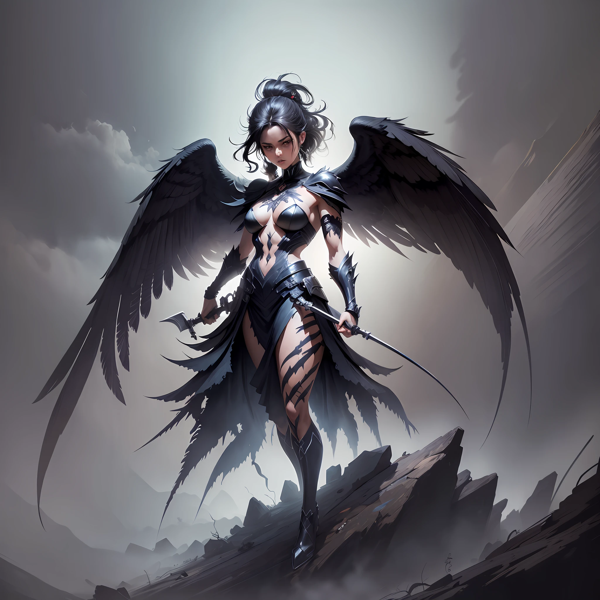 (Best quality, masterpiece), a hybrid figure of crow and human with a weapon, beautiful and frightening, dramatic silhouette, dynamic framing, striking lights and shadows, hand-drawn style, strong brushstrokes, dark and mysterious background. --auto --s2