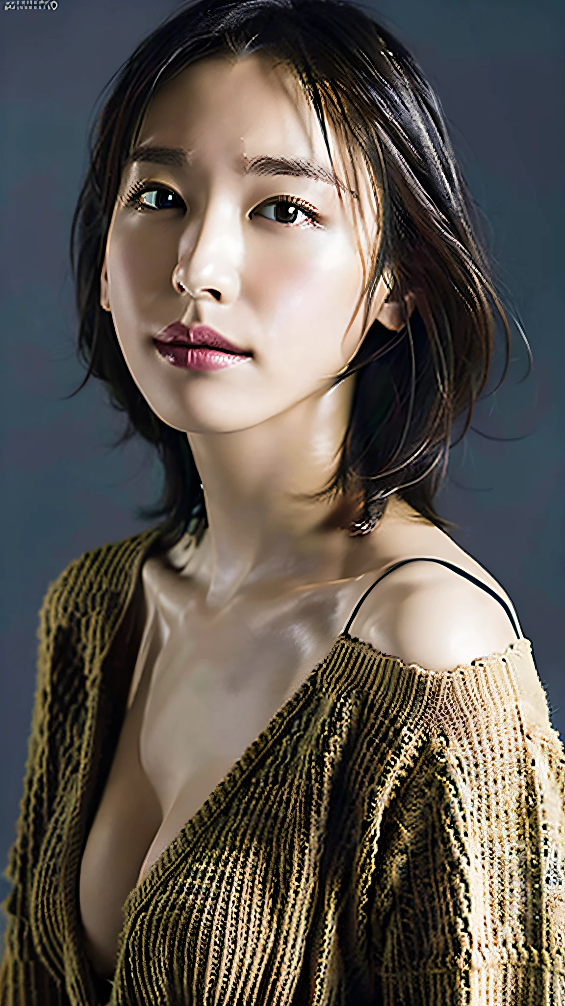 (Best quality, 8k, 32k, Masterpiece, UHD:1.2),Photo of Pretty Japanese woman, large breasts, very short bob hair,upper body,face focus,oversized_sweater, necklace, simple background, from above, looking at viewer,