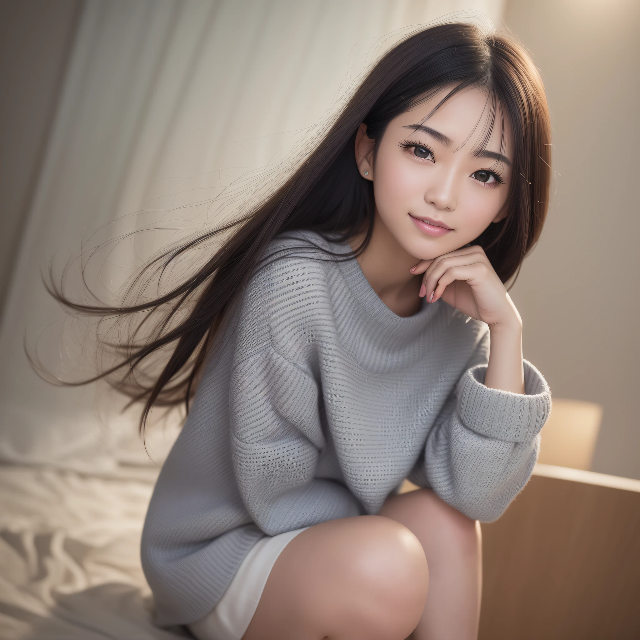 Beautiful Japan woman, soft white skin and perfect face with a nice smile, small face with nose and rose-like lips, beautiful eyes, black, thin and long beautiful hair bathed in a bright etheric glow. Medium shot, gray sweatshirt and striped shirt and flared skirt, bright colorful background, photorealistic, masterpiece, highest quality, ultra detail, HDR, 8K