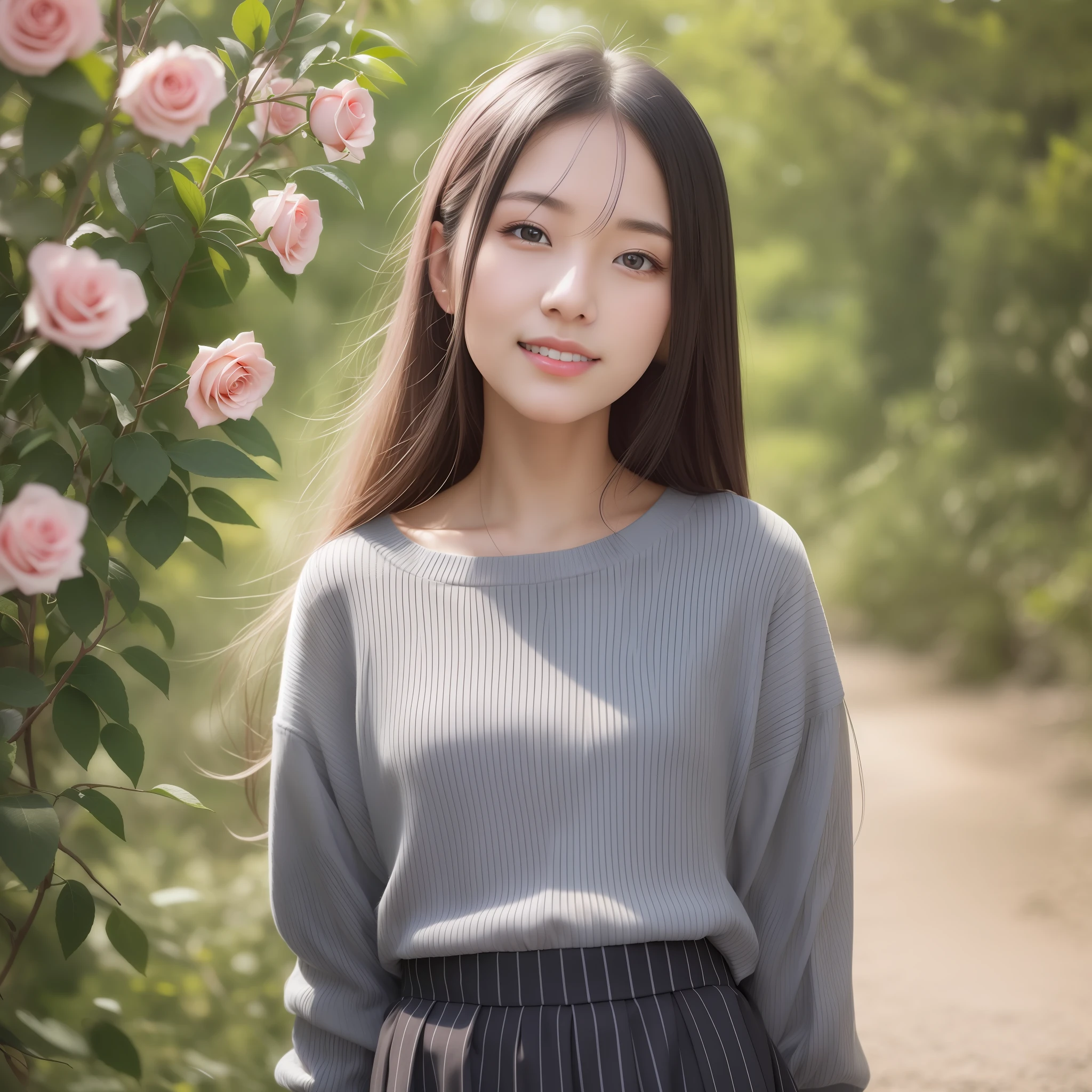 Beautiful Japan woman, soft white skin and perfect face with a nice smile, small face with nose and rose-like lips, beautiful eyes, black, thin and long beautiful hair bathed in a bright etheric glow. Medium shot, gray sweatshirt and striped shirt and flared skirt, bright colorful background, photorealistic, masterpiece, highest quality, ultra detail, HDR, 8K