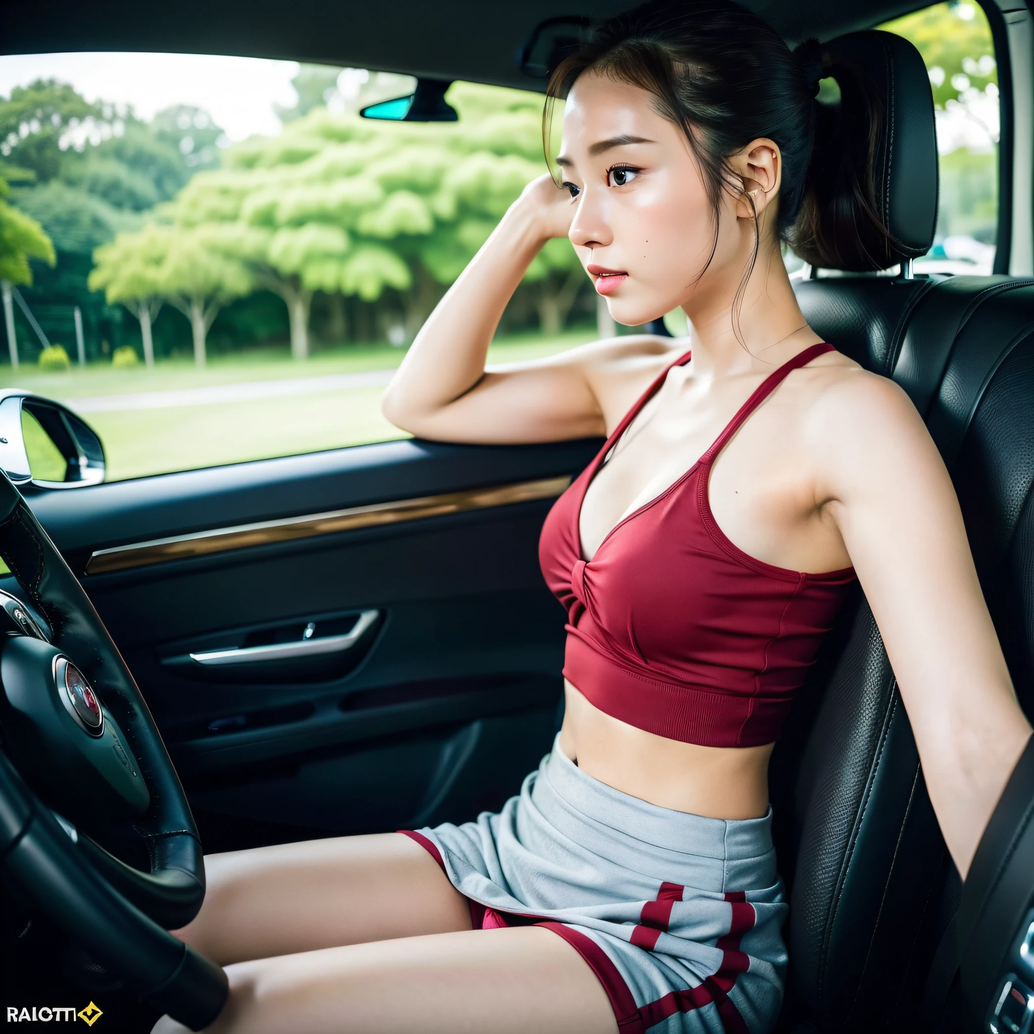 (Best Quality: 1.2), (High Quality: 1.2), RAW Photos, (High Resolution: 1.2), (Black Hair), One Knot, Ponytail, Beauty, Cute, One Woman, One Woman, One Girl: 1.3, Shorts, Thighs, In the Car, Woman Driving, Driver's Seat, Profile, Sleeveless, Sleeveless, Sleeveless Border, No Shoulder, Armpits, Clavicle, Mini Skirt, Panty Shot: 1.2, Shorts, Woman behind the wheel, looking from the passenger seat,