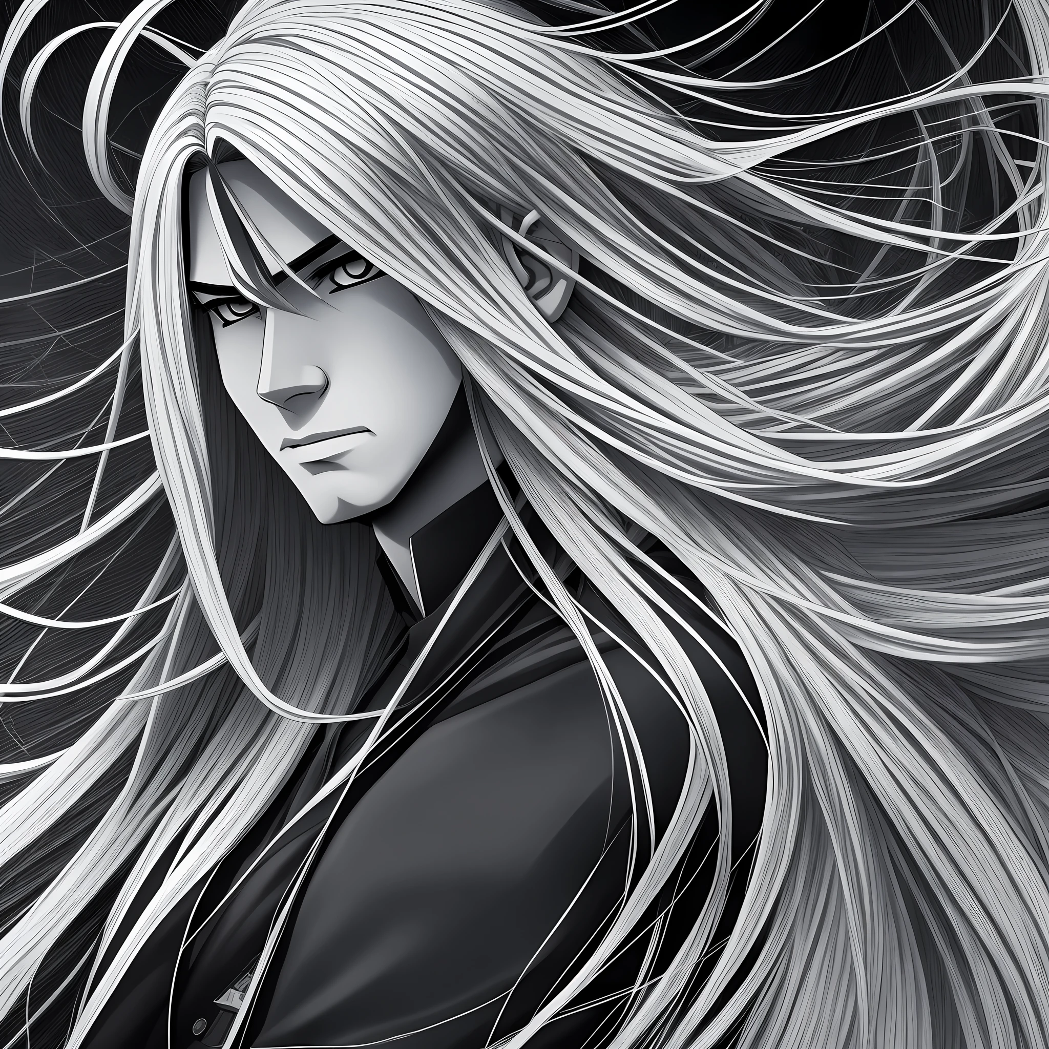 mangá man, black and white, long white hair, mangá style --auto --s2