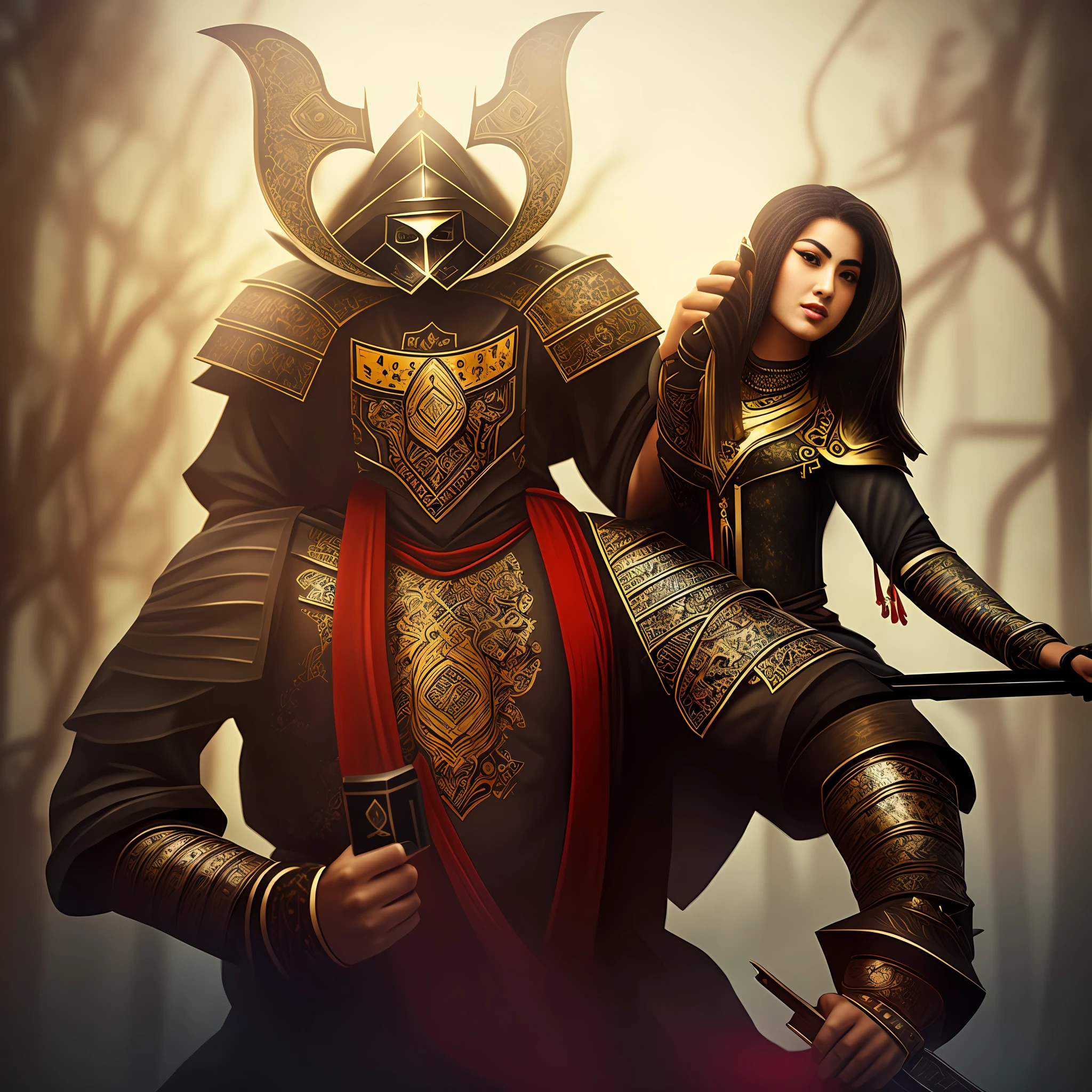 Setting Persian samurai warrior holding mobile phone wearing mempo samurai mask with ghajar clothes from ww1 Iranian culture and women playing electric guitar in the future