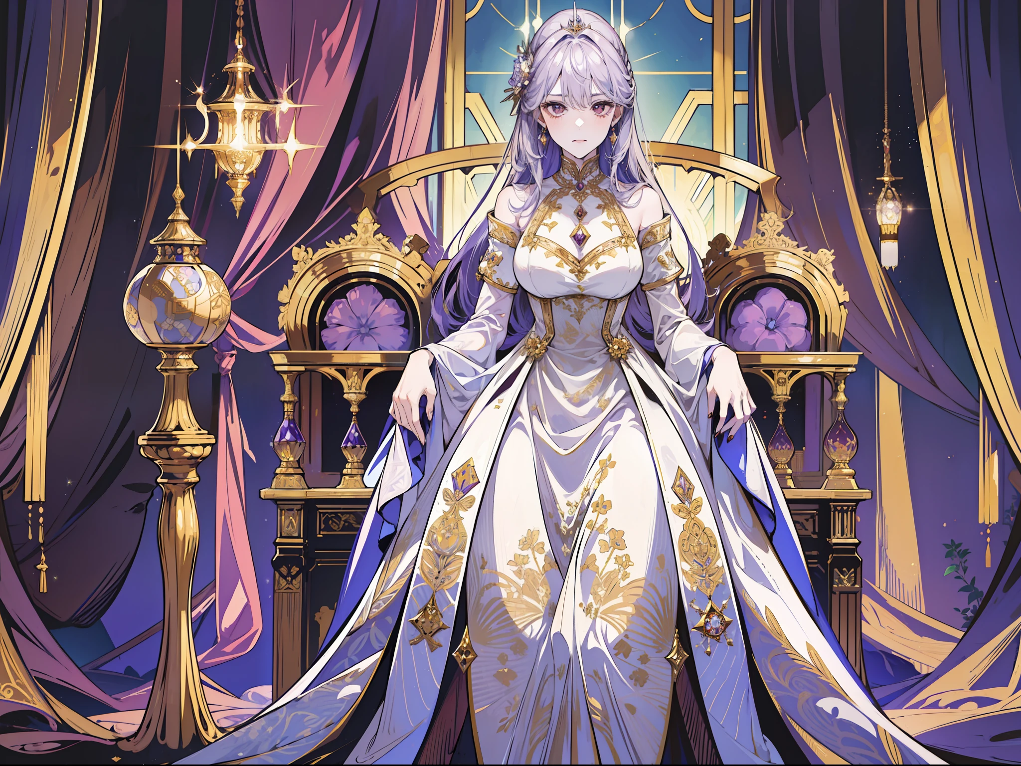 (absurd, high resolution), (panorama), a woman, mature, beautiful, tall, queen's dress, lilac complex dress, exquisite, brown eyes, pale blonde hair, silver crown on the head, irritated, serious, in the palace, resplendent, magical, antique, holding a long golden delicate wand, vista, jeweled throne behind,