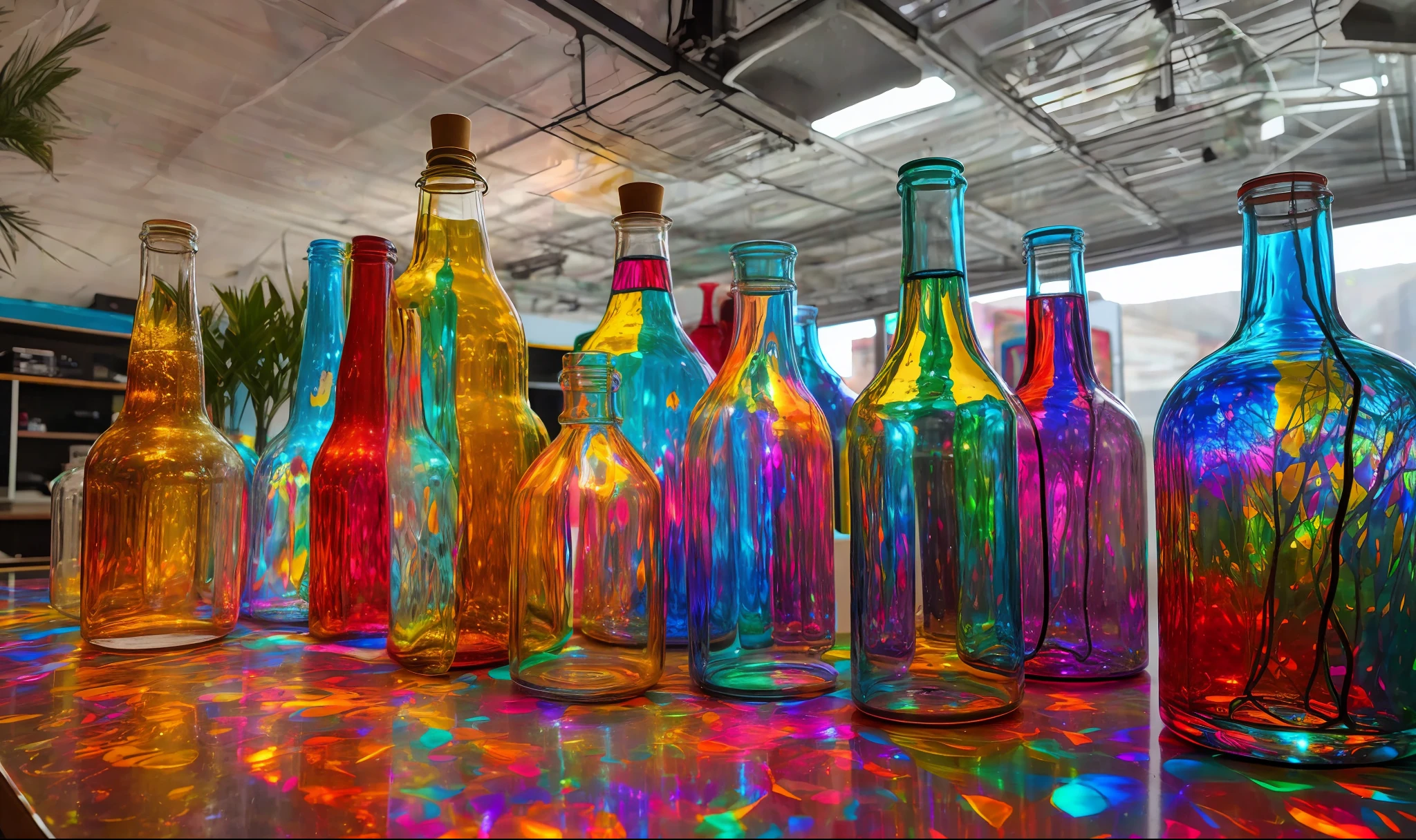 translucent psychedelic bottles of different colors and sizes are on a table, colorful glass art, bottles, glass paint, brilliantly coloured