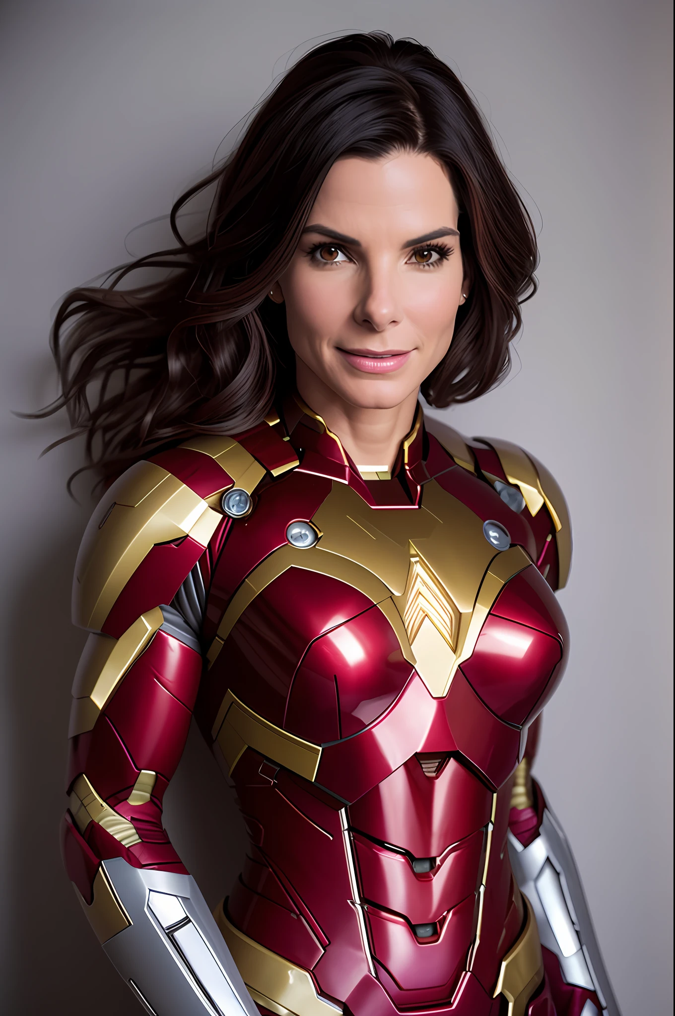 sexy woman Sandra Bullock in Iron Man costume, night, soft lighting, dynamic angle, realistic lighting, smiling, happy, Wonder Woman movie scene background, photo by Brooke DiDonato, (natural skin texture, hyperrealism, soft light, sharp: 1.2), (complex details: 1.12), hdr masterpiece, best quality, (highly detailed photo: 1.1), 8k, photorealistic, (SFW),