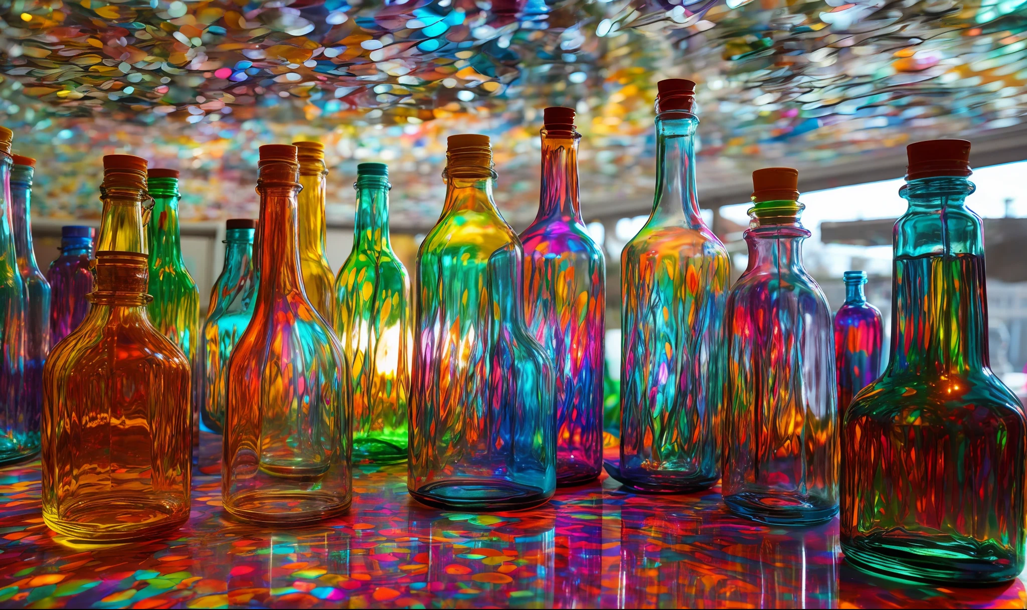 translucent psychedelic bottles of different colors and sizes are on a table, colorful glass art, bottles, glass paint, brilliantly coloured