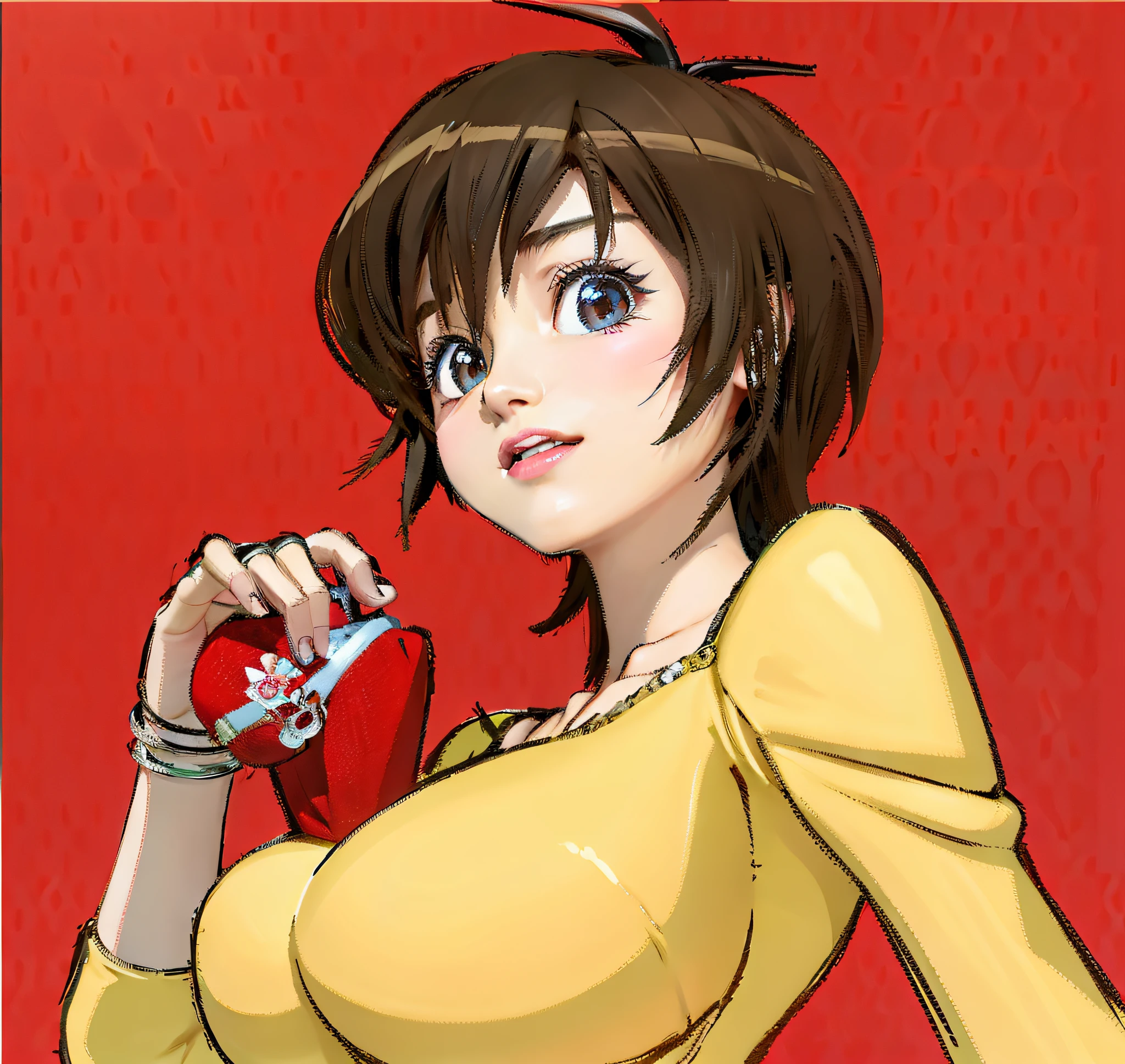 a woman in a blue top and jeans posing for an image, realistic 3D style anime, realistic 3D anime, seductive anime girl, attractive anime girl, render photorealistic anime girl, photorealistic perfect body, beautiful seductive anime woman, hyper realistic anime, realistic shaded perfect body, casual pose, 3d style anime, 3d anime girl, highly detailed anime,  Amaha Masane, antenna hair, witchblade, short hair, brown hair, yellow eyes, colored sclera, black sclera, yellow shirt, blue jeans
