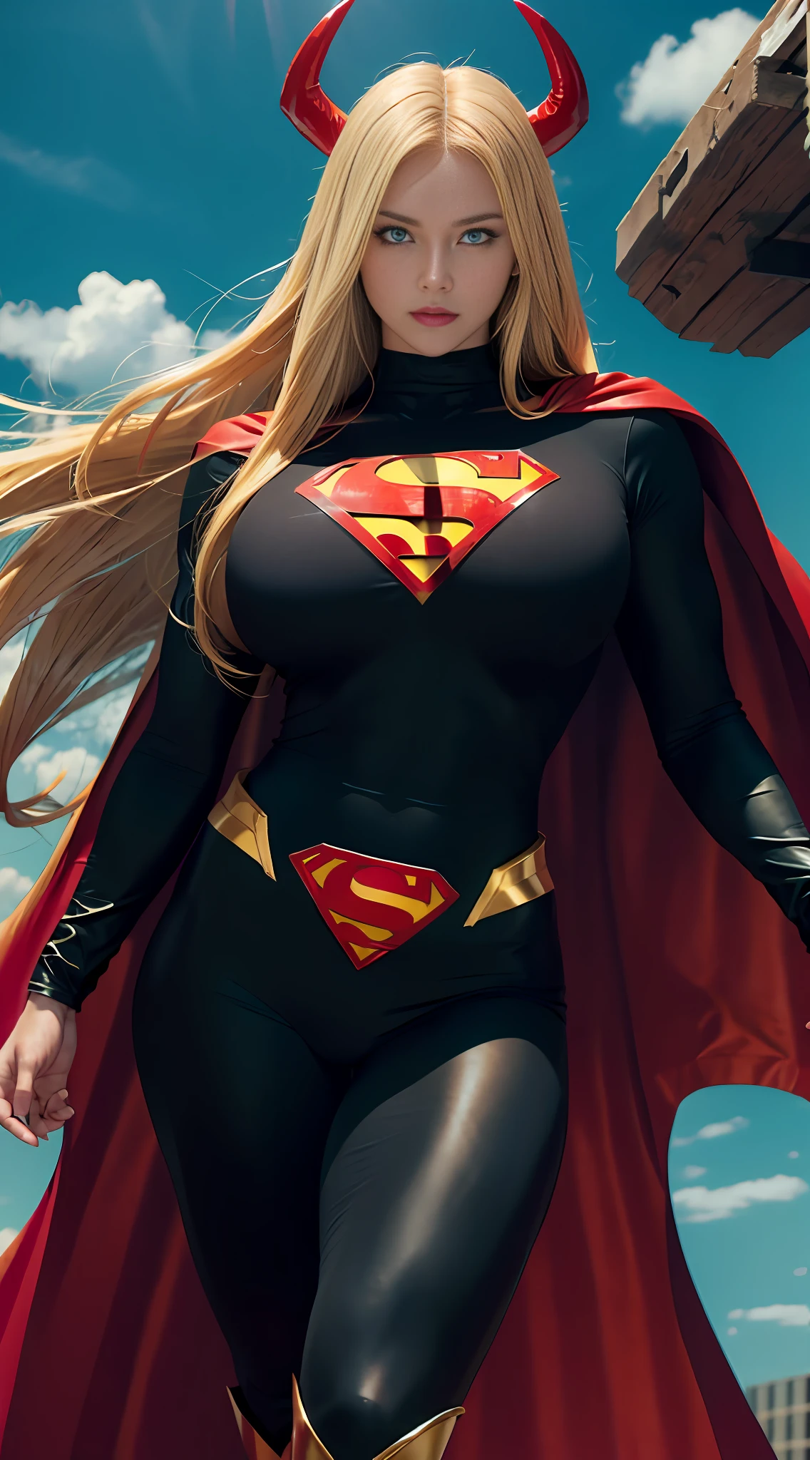 Muscular girl, long blonde hair, turquoise eyes, devil figure, (huge and amazingly large breasts), black Superman uniform, red cape