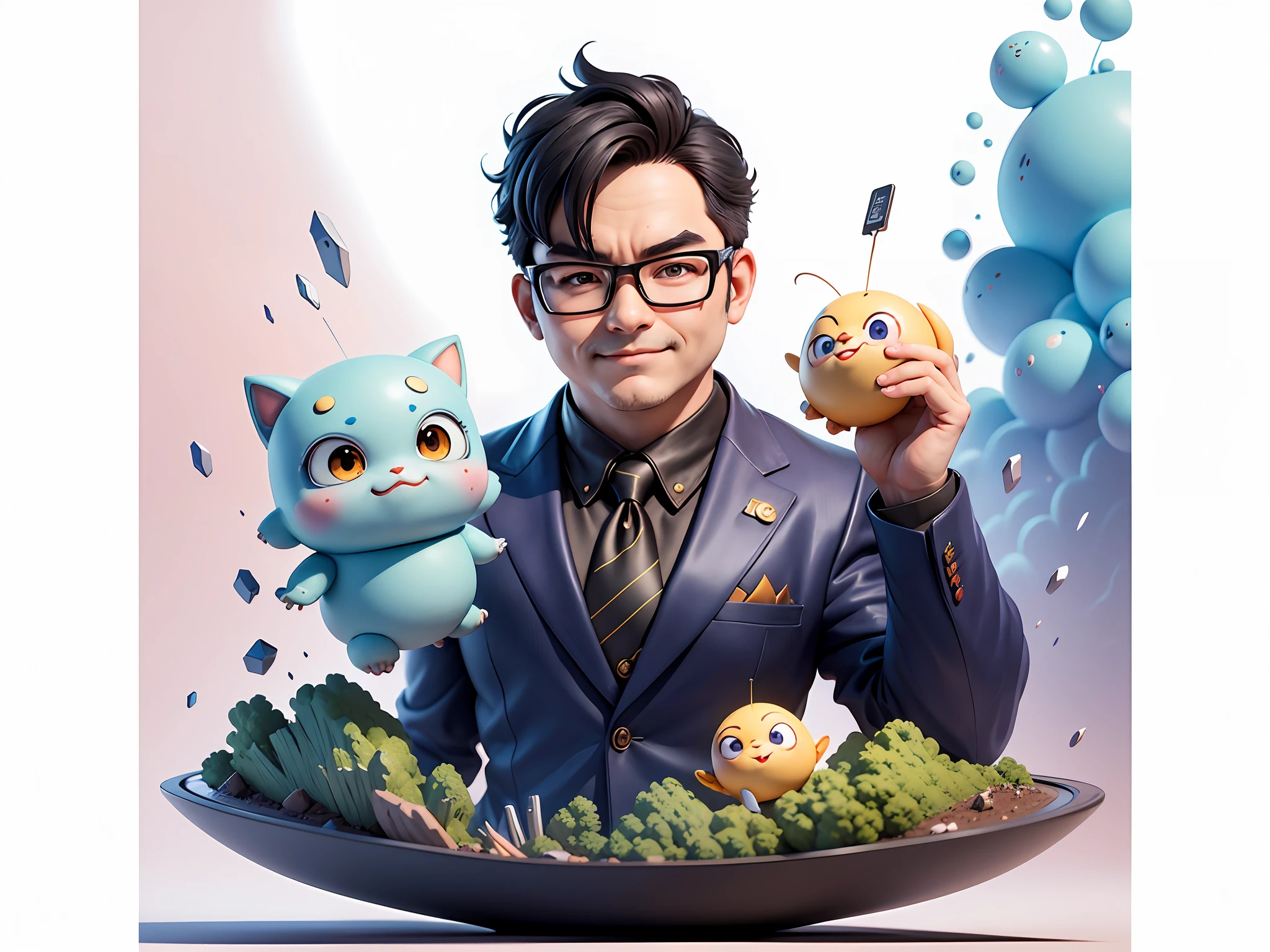Masterpiece), (Excellent), (Super Meticulous), (Full Body: 1.2), Super Young Woman, Beautiful, Sexy, Bursting, Oriental Face, TV Anchor, Bust Portrait Illustration, Alone, Black Suit, Blue Tie, Silver Glasses, Slightly Chubby Face, Very Clean Face, No Beard, Black Super Short Hair, Black Eyes, Confident Smile, 3c Computer Sub-Products, iPad, iPhone, Digital Painting, 3D Character Design by Akira Toriyama with Mark Claireden and Pixar and Hayao Miyazaki, The illustration is a high-definition illustration in 4K resolution with very detailed facial features and cartoon-style visuals.