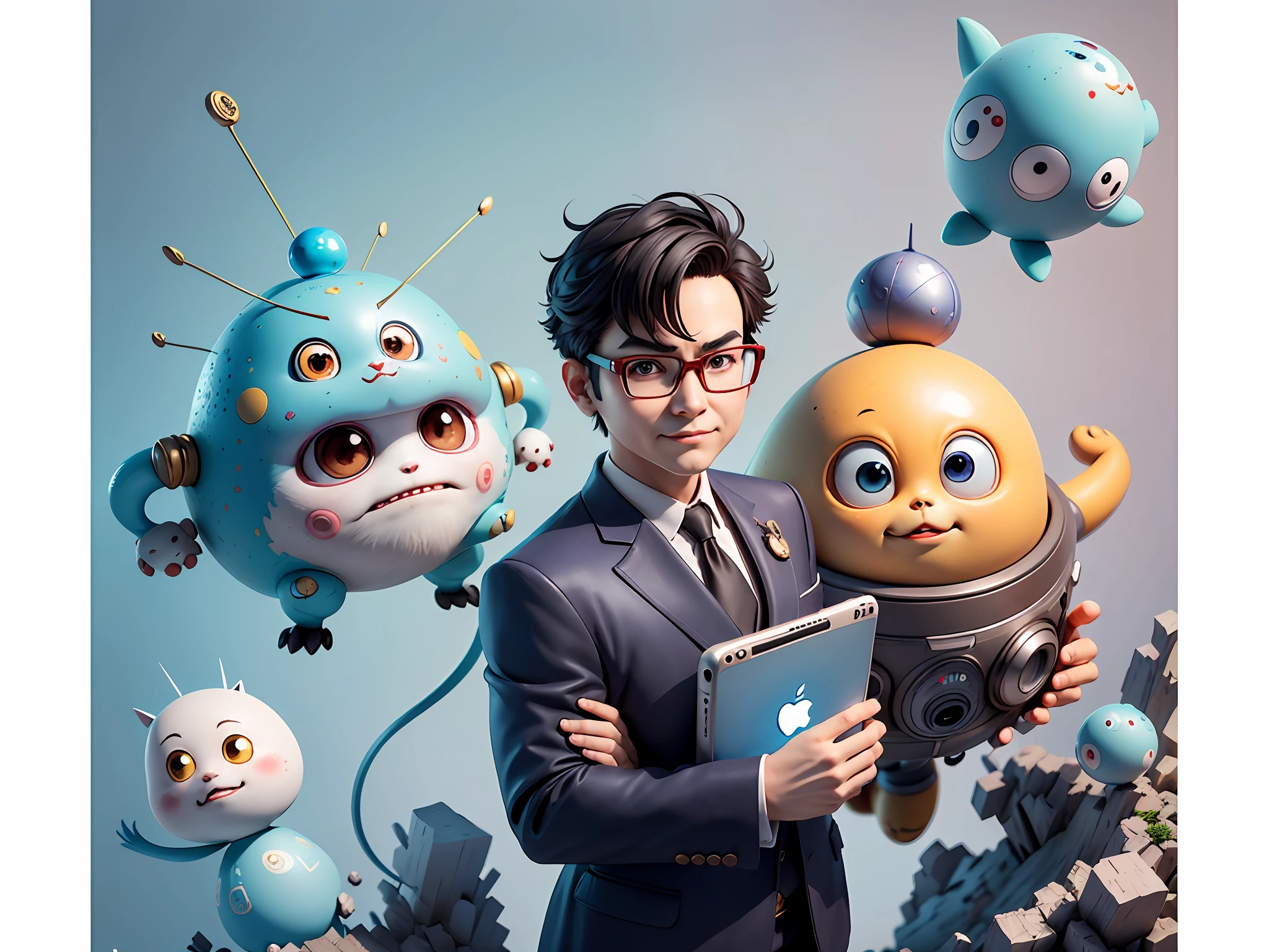 Masterpiece), (Excellent), (Super Meticulous), (Full Body: 1.2), Super Young Woman, Beautiful, Sexy, Bursting, Oriental Face, TV Anchor, Bust Portrait Illustration, Alone, Black Suit, Blue Tie, Silver Glasses, Slightly Chubby Face, Very Clean Face, No Beard, Black Super Short Hair, Black Eyes, Confident Smile, 3c Computer Sub-Products, iPad, iPhone, Digital Painting, 3D Character Design by Akira Toriyama with Mark Claireden and Pixar and Hayao Miyazaki, The illustration is a high-definition illustration in 4K resolution with very detailed facial features and cartoon-style visuals.