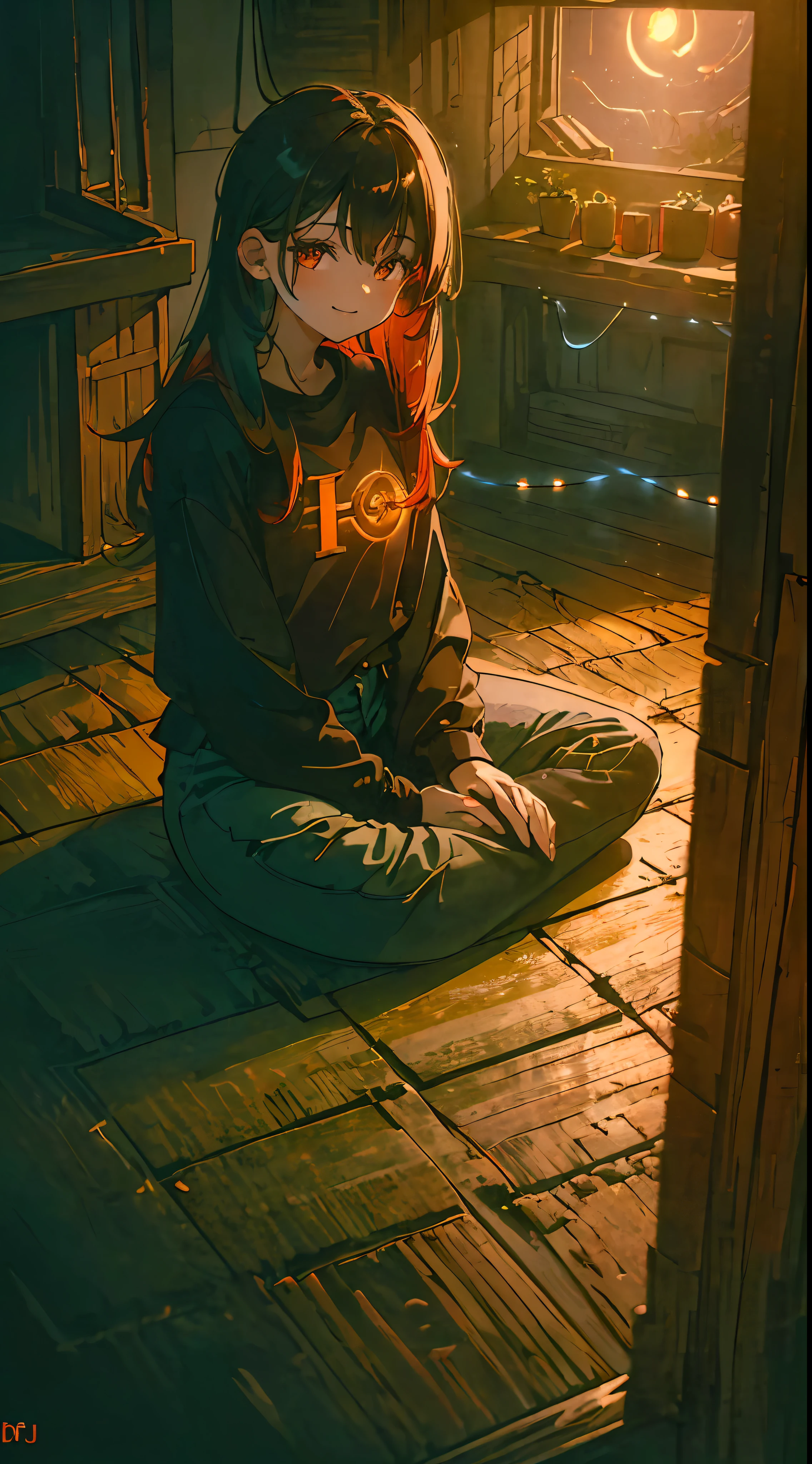 (((A girl sitting on the floor inside a house at night))), black jeans, warm-colored blouse, ((((night lighting))), black hair root, red hair, low light, smiley, uhd, 8k --auto --s2