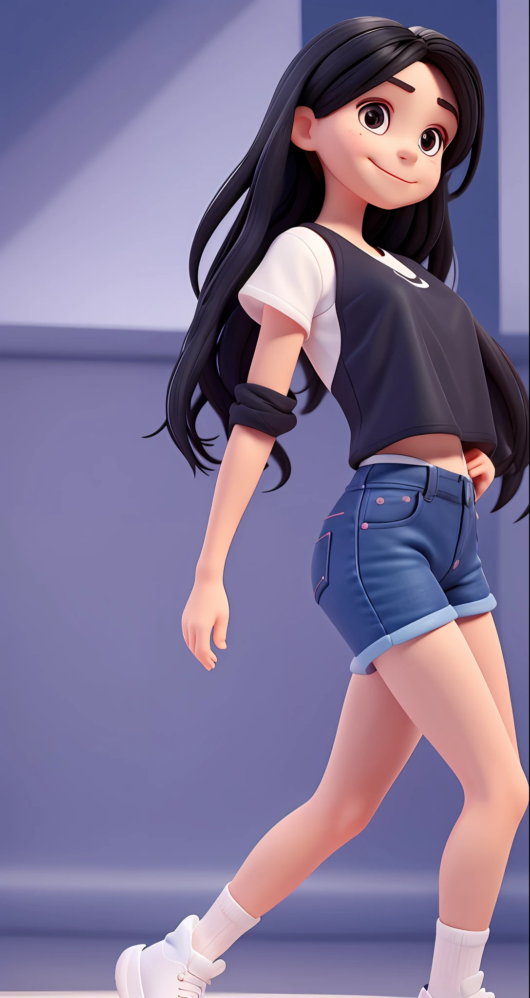 Cute and adorable cartoon tom holland girl , 40-years-old, long straight black hair, big dark eyes,smile,fit, Wearing white T-shirt and dark blue jeans and black nike running shoes,daning, full body view, fantasy, dreamlike, surrealism, super cute, trending on artstation