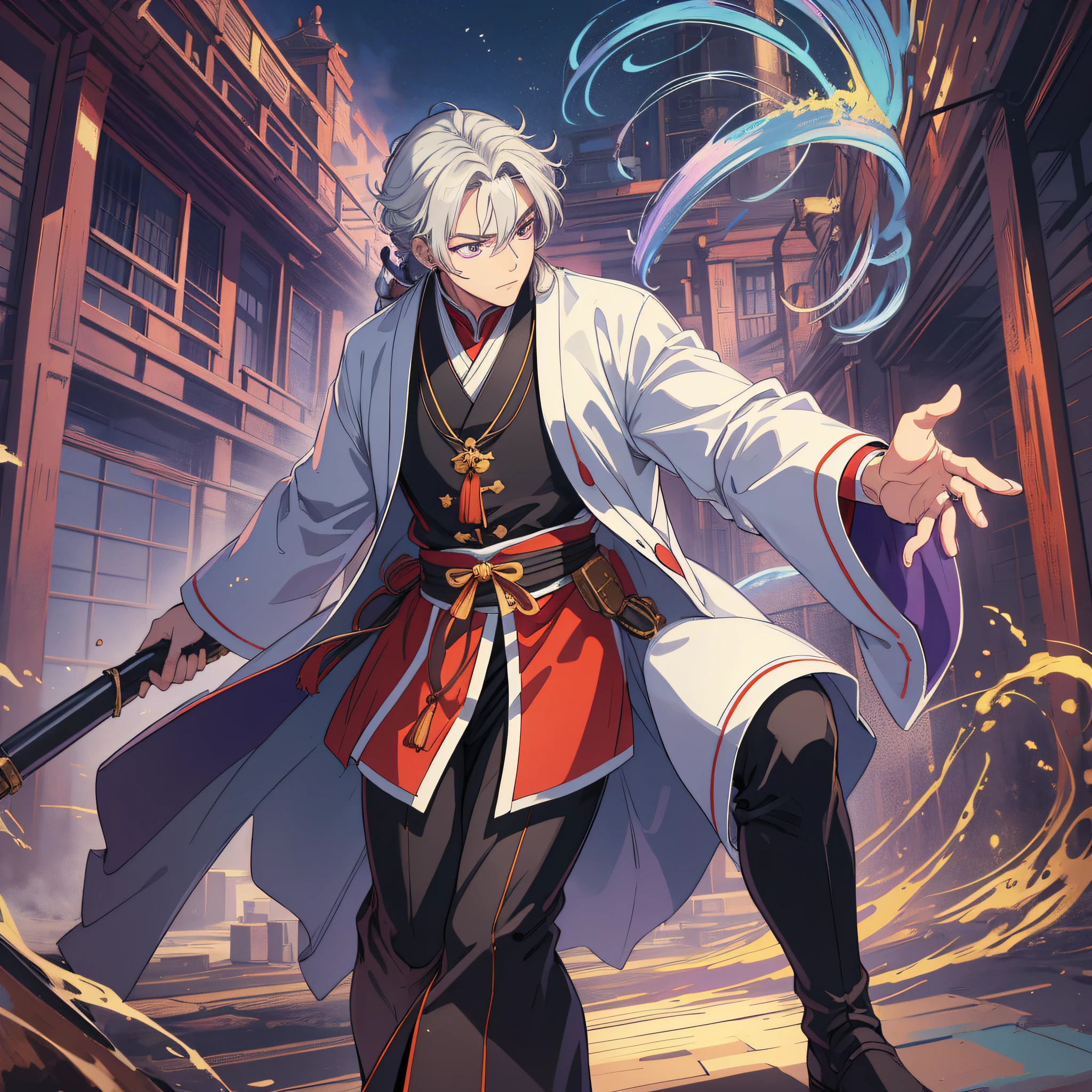 (Masterpiece: 1.2, Best Quality), (Fine Beautiful Eyes: 1.2), (Very Detailed CG Unity 8k wallpaper, Masterpiece, Best Quality, Ultra Detail, Best Shadow), (Detailed Background), (Beautiful Detail Face, Beautiful Detail Eyes), High Contrast, 2men, 2 Taoist Priests, 2 Taoist Priests in Taoist robes, Taoist temple background, Dynamic angle, Full body, Cowboy shot, gray hair, Purple eyes,