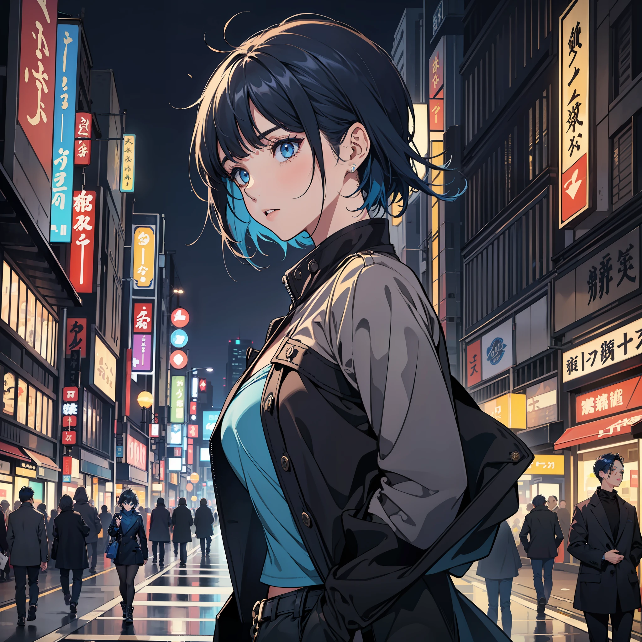 (The picture quality is high-definition, the girl's skin tone is tingting and jade), ((the painting style is real style, the camera pushes the outside line, the lighting is dim and pleasant)), Tokyo night view, carrying a shopping bag to admire the high-rise buildings, the whole picture is mysterious and soft, the streets are full of vitality, sculptures and street lamps become the picture embellished, the distant traffic gradually moves away, the whole picture is full of the romance and unique imprint of Tokyo night.
Blue eyes, dark blue hair, hair flush with chin, short medium hair, medium chest, black shorts, thin, blue bandeau, black coat, female, M bangs, smooth body structure, girl standing in the middle of the city, mouth corners up, half-body, fashion, crop top, sharp eyes, blue bandeau, black coat, black short coat, black short coat, black short coat, black short coat, blue bandeau, blue bandeau, blue bandeau, blue bandeau, one size fits all,