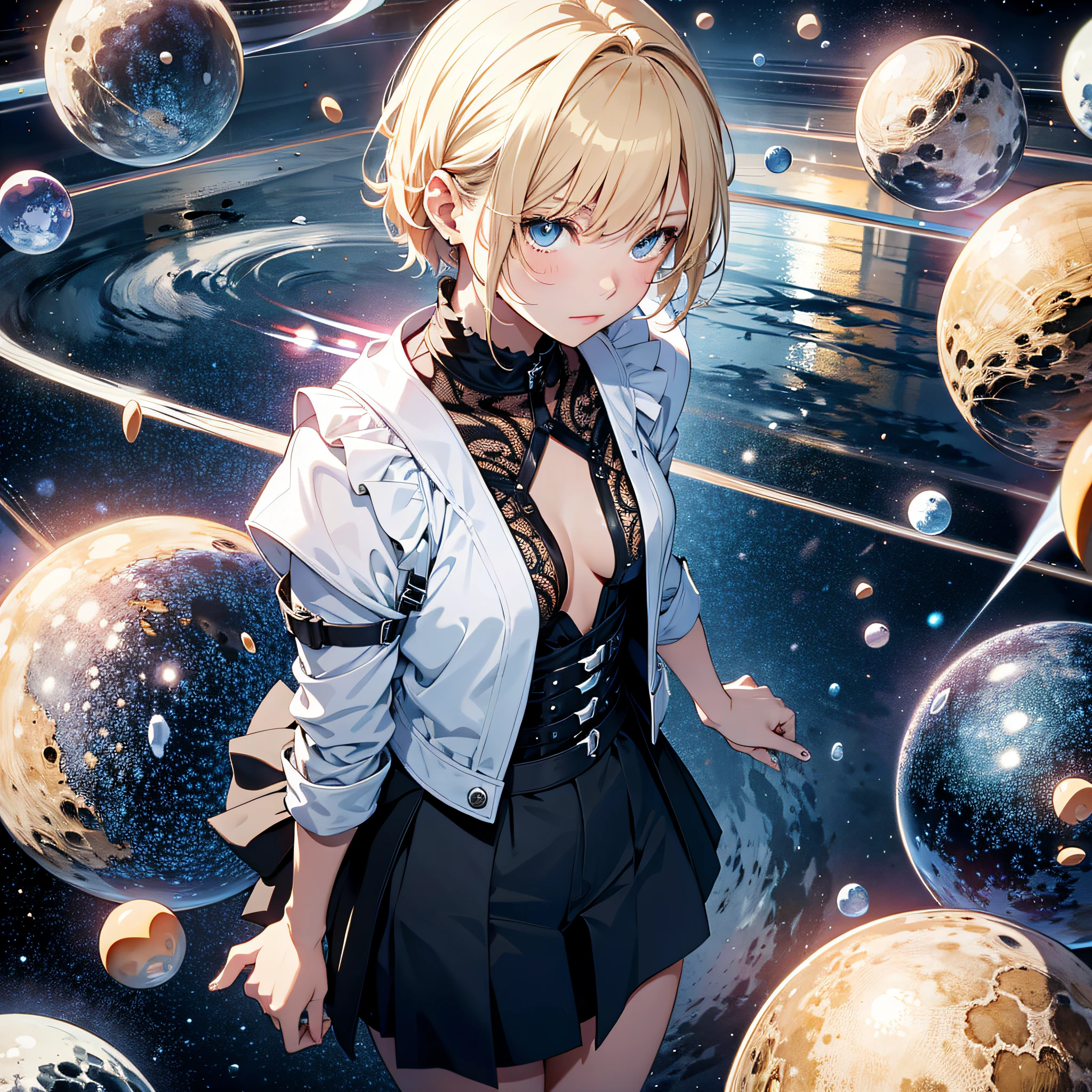 Absurd resolution, high resolution, (masterpiece: 1.4), super detailed, girl alone, from above, space, floating, blonde, petite, short hair