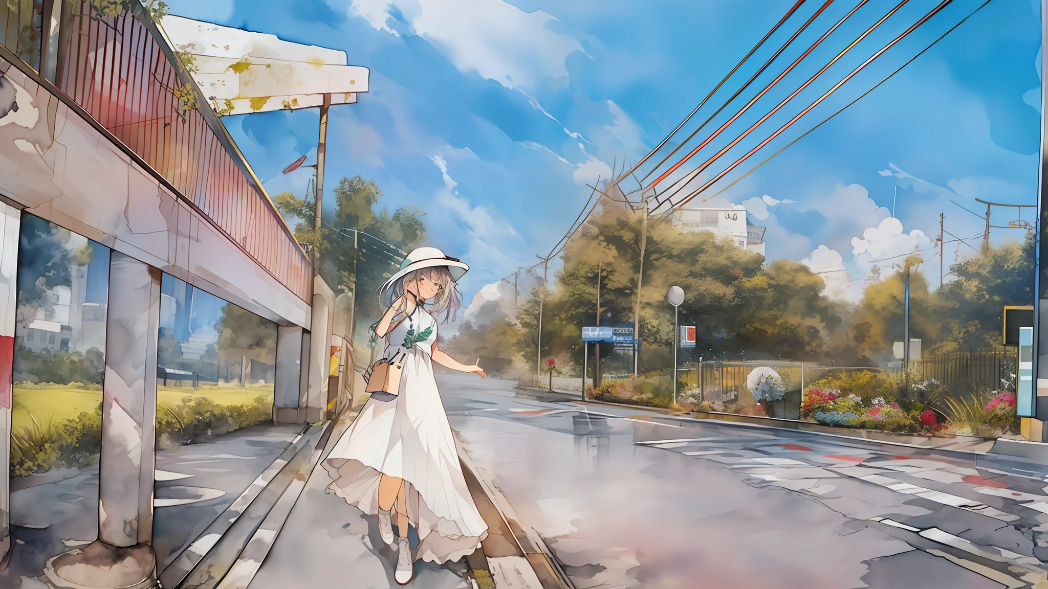 (watercolor: 1.2), white dress, girl, white hat, crossing the street, overpass, greenery, blue sky, 8k, master piece
