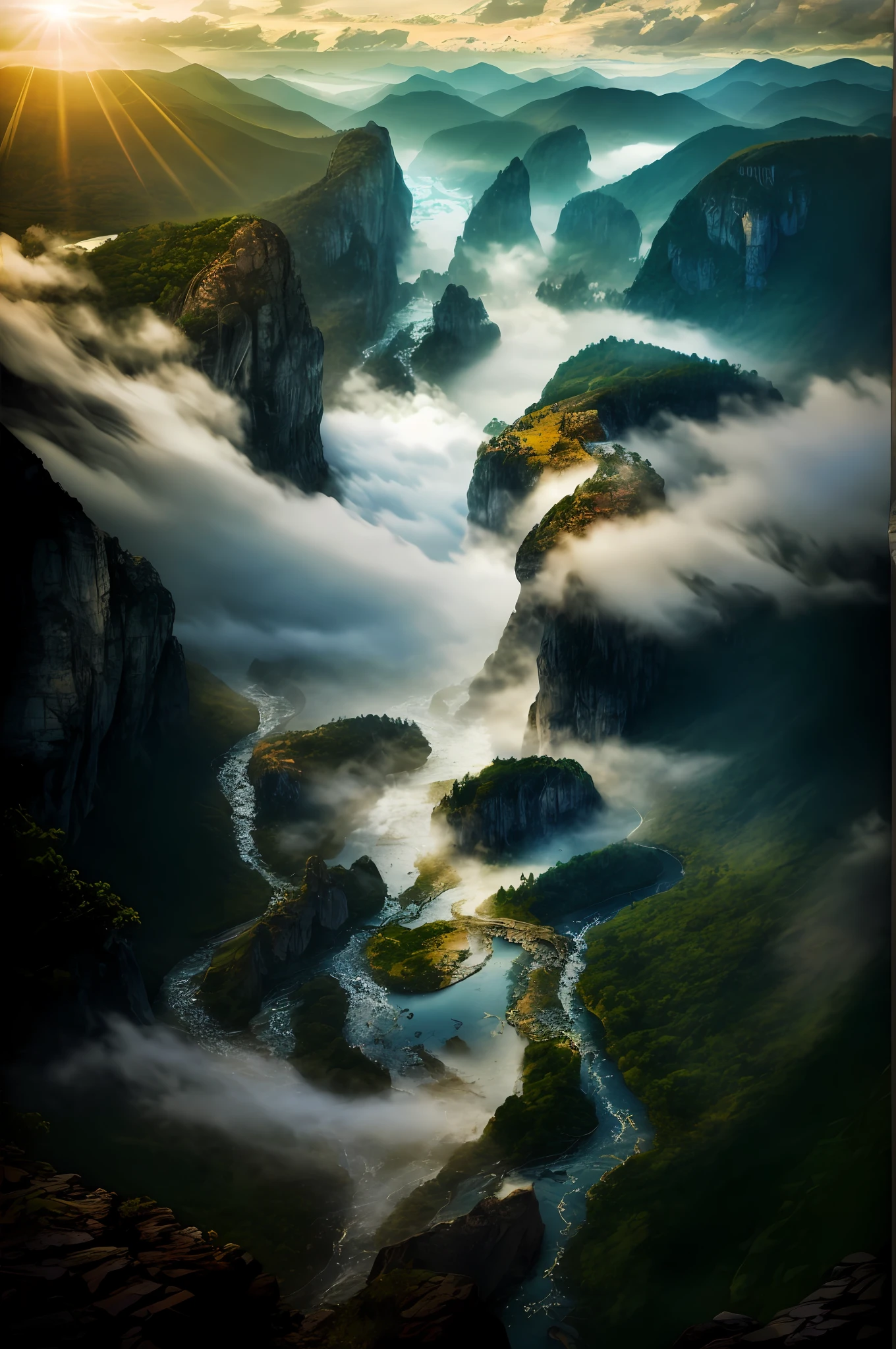 Atmosphere, overlooking mountains, rivers, woods, clouds, (intricate details), HDR, (intricate detailed, hyperdetailed: 1.2), cinematic lens, centered