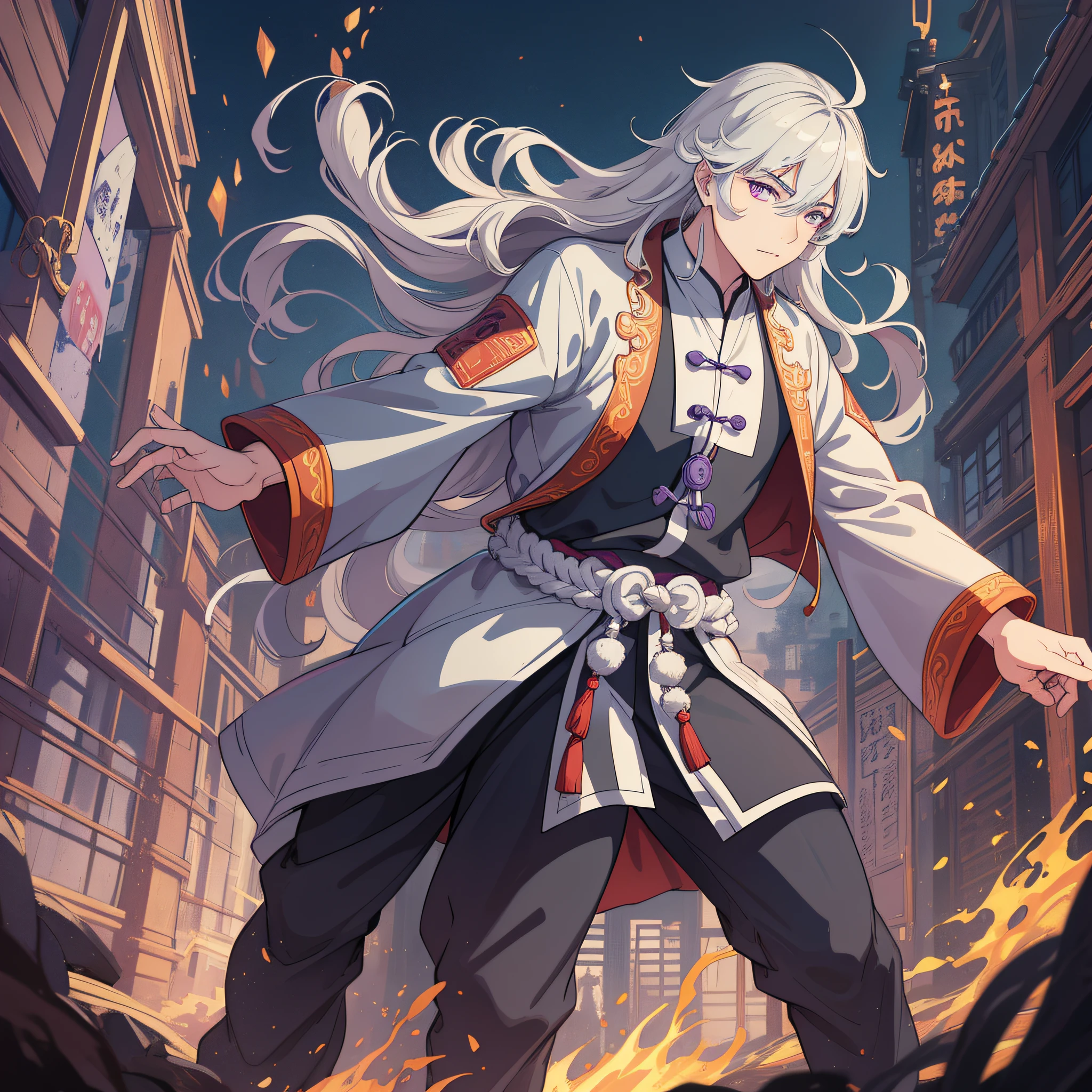 (Masterpiece: 1.2, Best Quality), (Fine Beautiful Eyes: 1.2), (Very Detailed CG Unity 8k wallpaper, Masterpiece, Best Quality, Ultra Detail, Best Shadow), (Detailed Background), (Beautiful Detail Face, Beautiful Detail Eyes), High Contrast, 2men, 2 Taoist Priests, 2 Taoist Priests in Taoist robes, Taoist temple background, Dynamic angle, Full body, Cowboy shot, gray hair, Purple eyes,