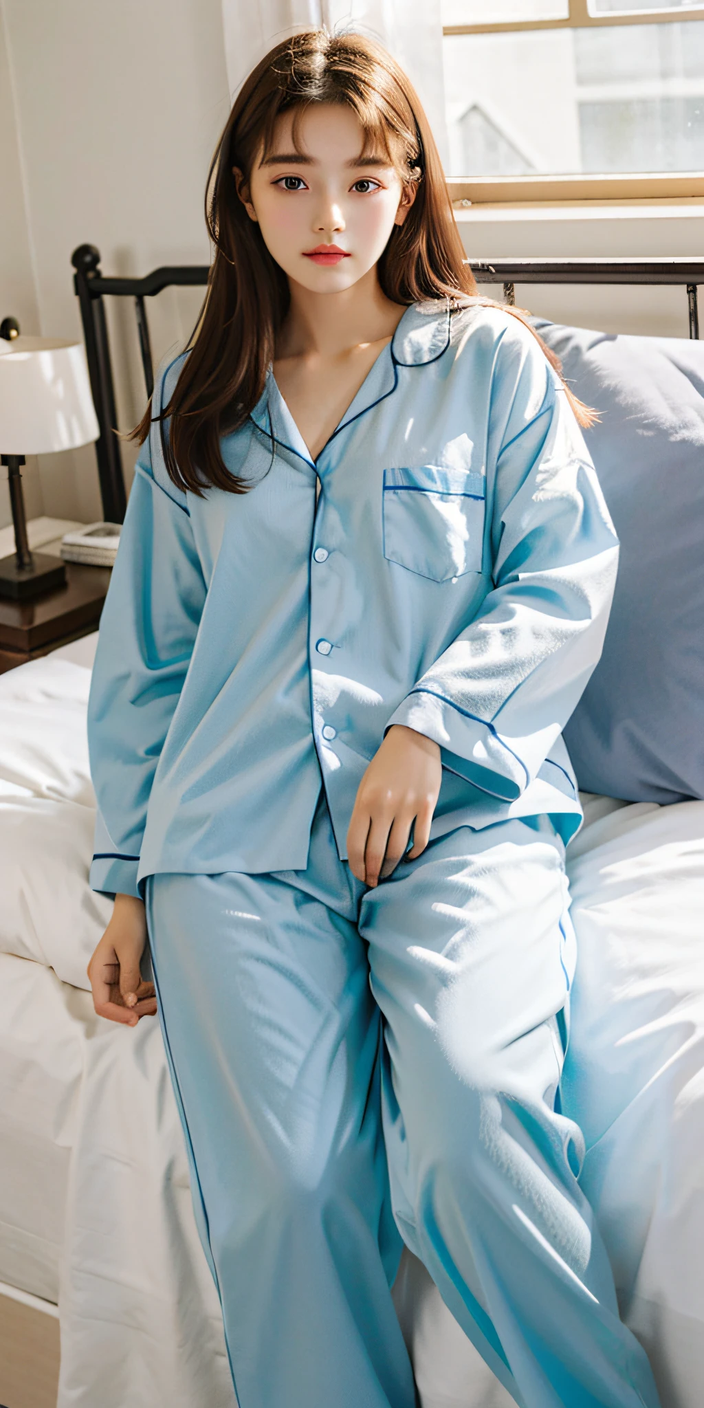 Sleeping girl, 18 years old, realistic, she is wearing long pants, blue pajamas, brown hair, clear facial features, real photos, HD, details, sunlight