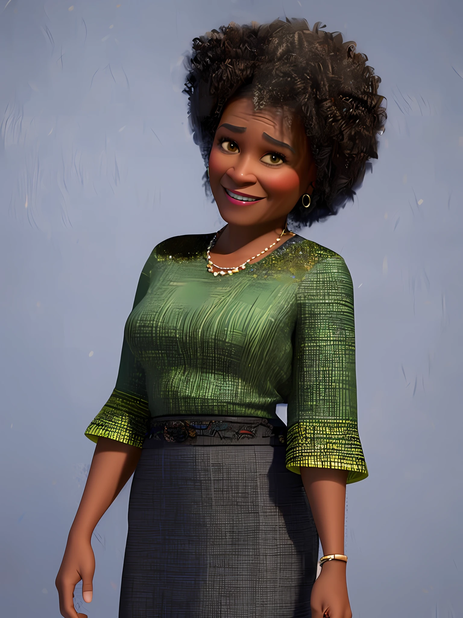 Pixarstyle a waist-high portrait of a 50-year-old black woman, ordinary modern clothes, smile, natural skin texture, 4k textures, HDR, intricate, highly detailed, sharp focus, cinematic look, hyper-detailed