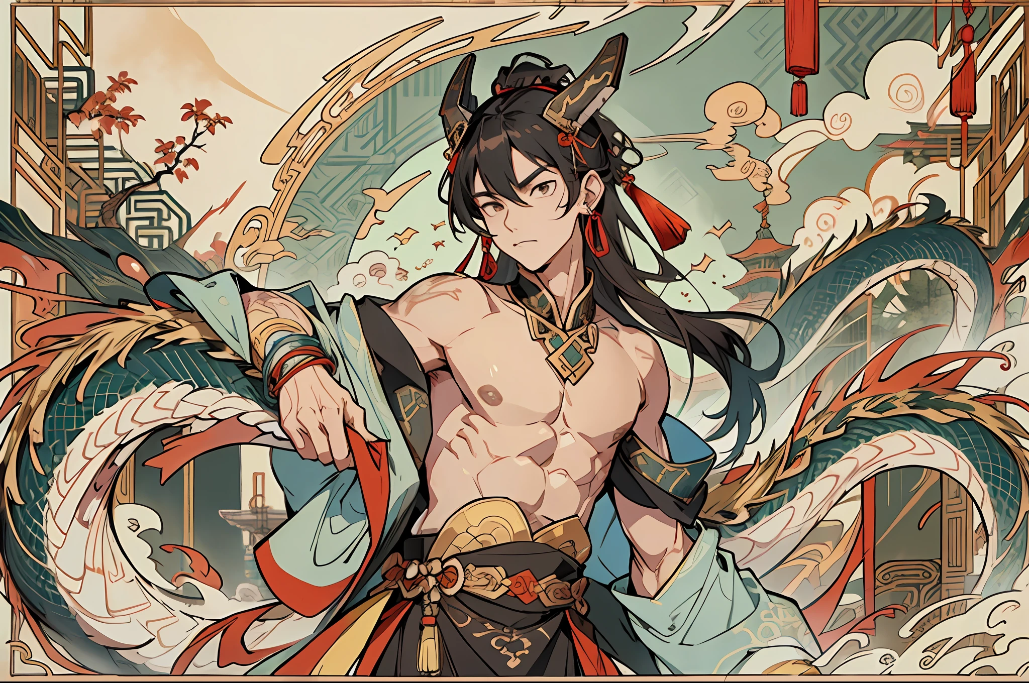 best quality, 4K, solo, (anime: 1.2), (big nipple: 1.2), (male: 1.5), (juvenlie: 1.5), (age down: 1.5), a Chinese dragon horn on the head, earrings on the ears, a bracelet on the wrist, (metal ankle rings on the ankles: 0.8), ancient Chinese style, (upper body: 0.3), (bare shoulder: 0.8), long hair, (fair skin: 1.5), dance moves