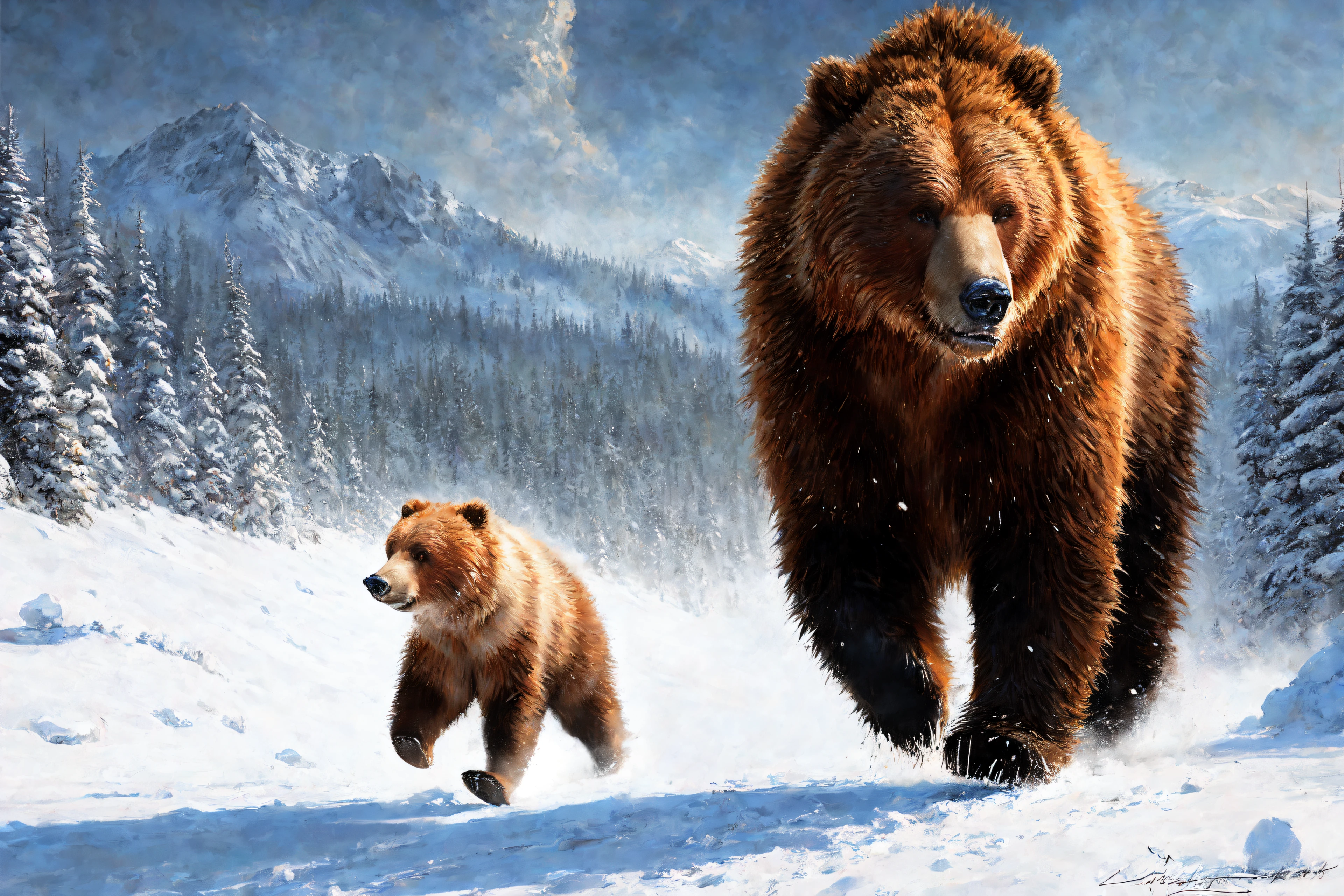 (((Jia Lissa running away from the ferocious grizzly))), freckles, blue eyes, big eyes, long straight (orange red) hair, (cheeky smile),
winter village, heavy winter clothes, white fur collar, detailed CG unity wallpaper, professional majestic oil painting by Ed Blinkey, Greg Manchess, Antonio Moro, trending on ArtStation, trending on CGSociety, Intricate, High Detail, Sharp focus, dramatic, photorealistic painting art by greg rutkowski,
