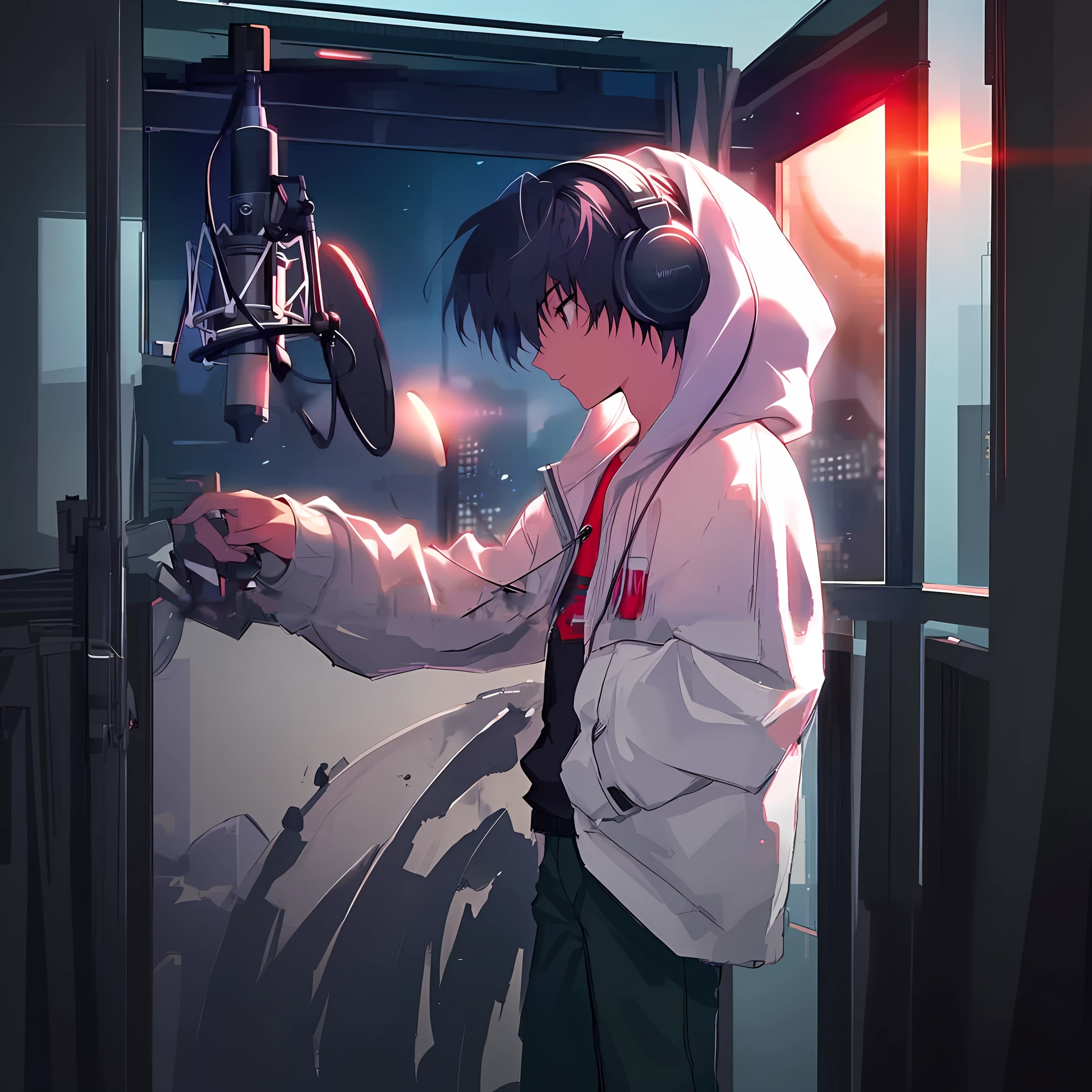 Anime boy in studio with headphones, (standing) night core, Loepfe art style, high quality anime art style, anime wallpaper 4 K, anime wallpaper 4K, anime art wallpaper 8 K, anime style. 8k, anime style 4k, anime wallabies, 4k anime wallpapers, ig studio anime style, anime boy, anime art style