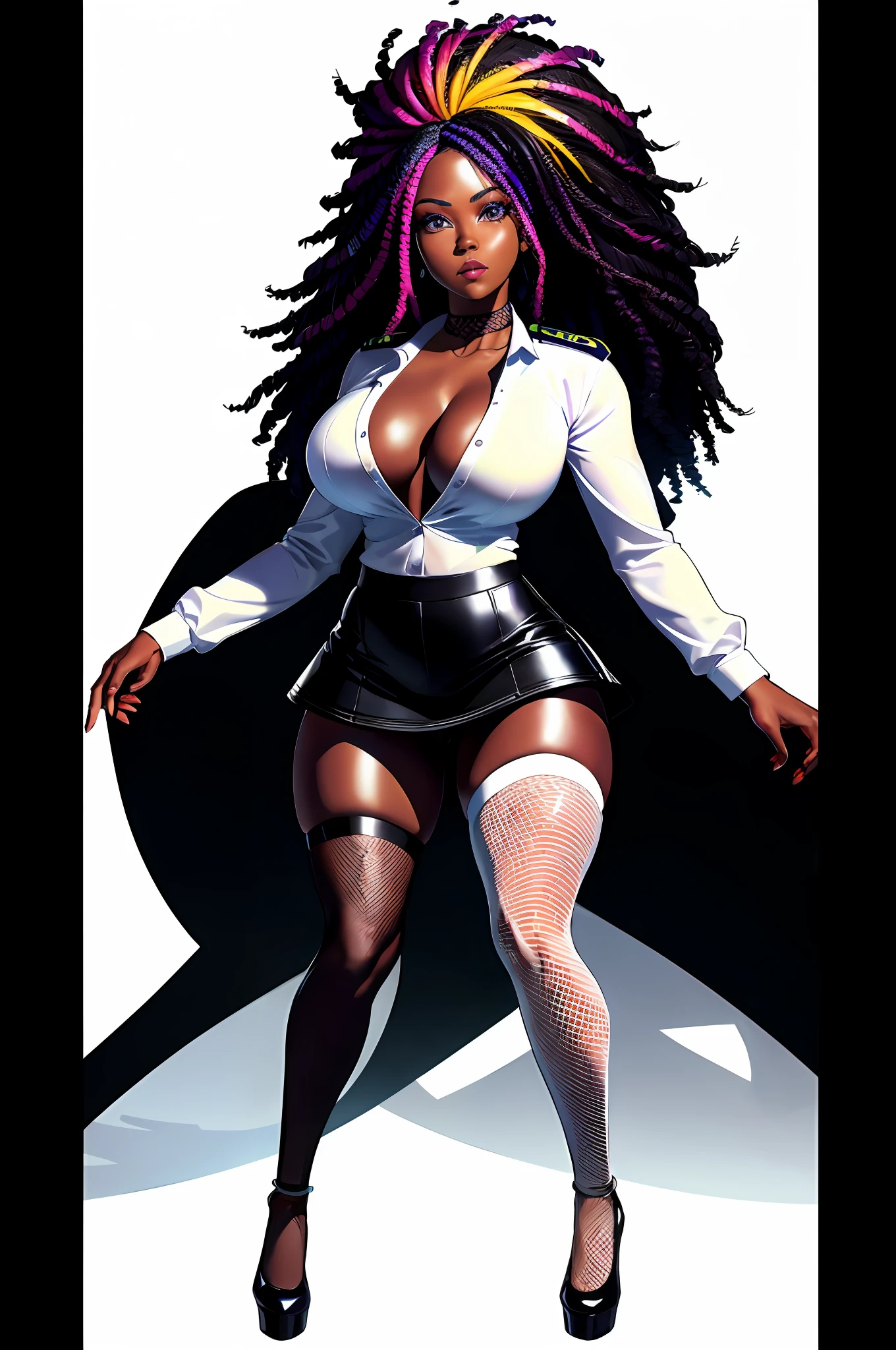 a ebony woman, standing, full body, ((solo)),close up, (dynamic pose:0.9), photorealistic, (hyperrealistic:1.2), beautiful, masterpiece, best quality, extremely detailed face, perfect lighting, medium breasts, (wide hips:1.2), nsfw, (from front), glowing, , (( rainbow long ebony hair)), perfect eyes, large eyes, curly eyelashes,(( dressed as a police officer)), ((white mini skirt)) , (exited face:1.1) , ((perfect face)), ((fishnets)), , ((perfect hands)), (perfect hands),