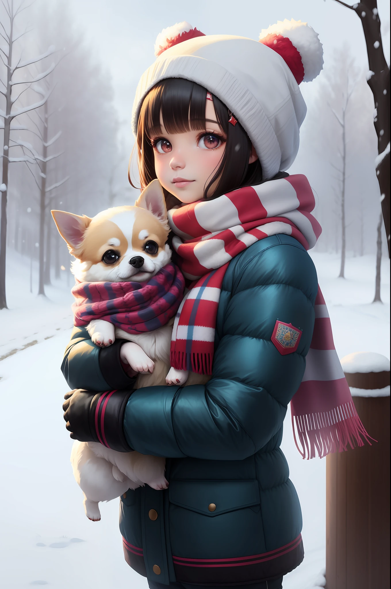 Style-NebMagic, Portrait of a round fluffy baby chihuahua DOG wearing a scarf made of Style-SylvaMagic in the snow, by Ismail Inceoglu, Gazelli, James Jean, Anton Fadeev and Yoshitaka Amano, insanely detailed, 8k resolution, digital art, trends in fashion arts station, vibrant colors, chibi style, a masterpiece, adorable and friendly