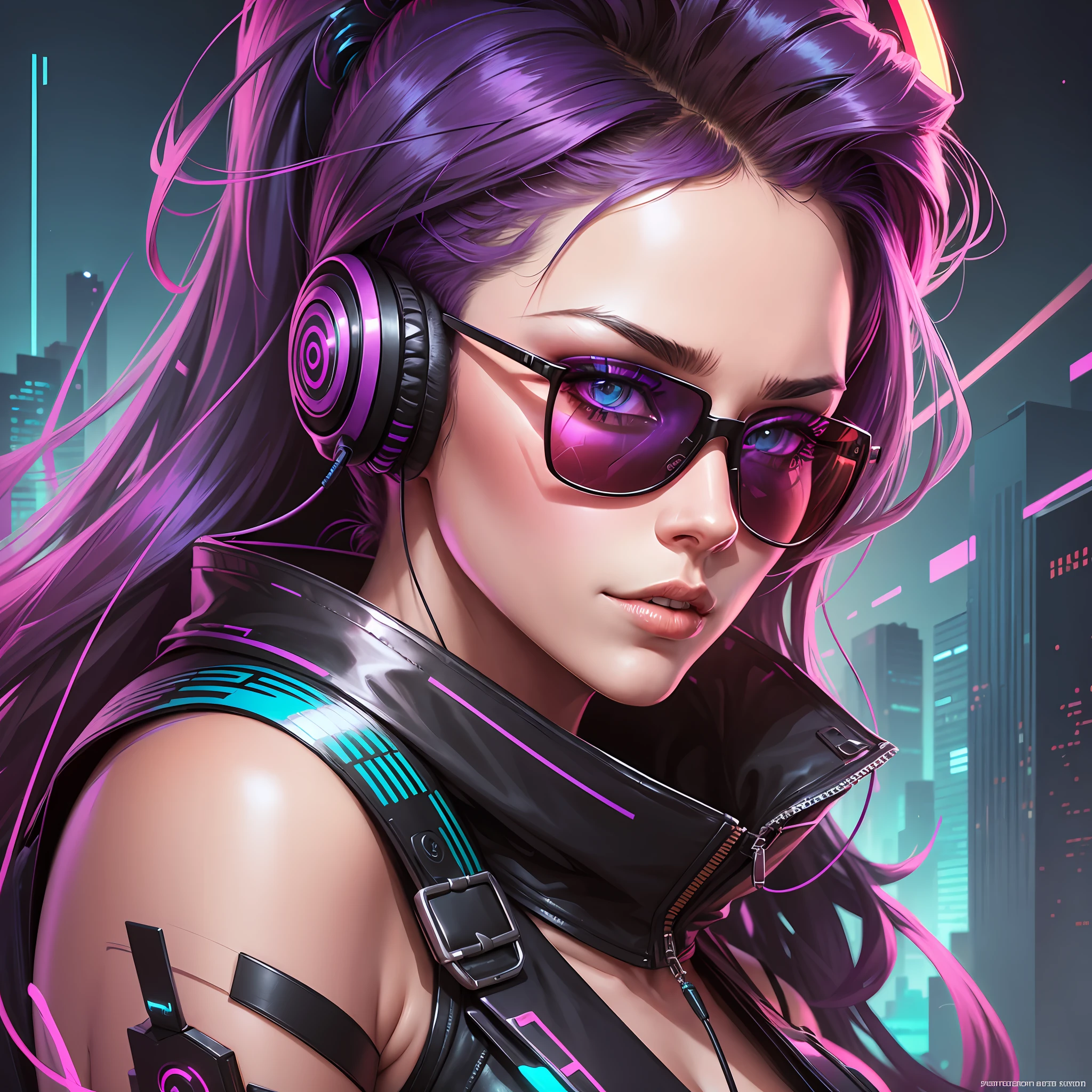 A stunning cyberpunk portrait in modern gradient style of a woman wearing sunglasses, expressive hair, headphones, particularly rich in color detail, very detailed, cool tones, no watermark signature, transcendent stylized contraction streamers filling the entire image. --auto --s2