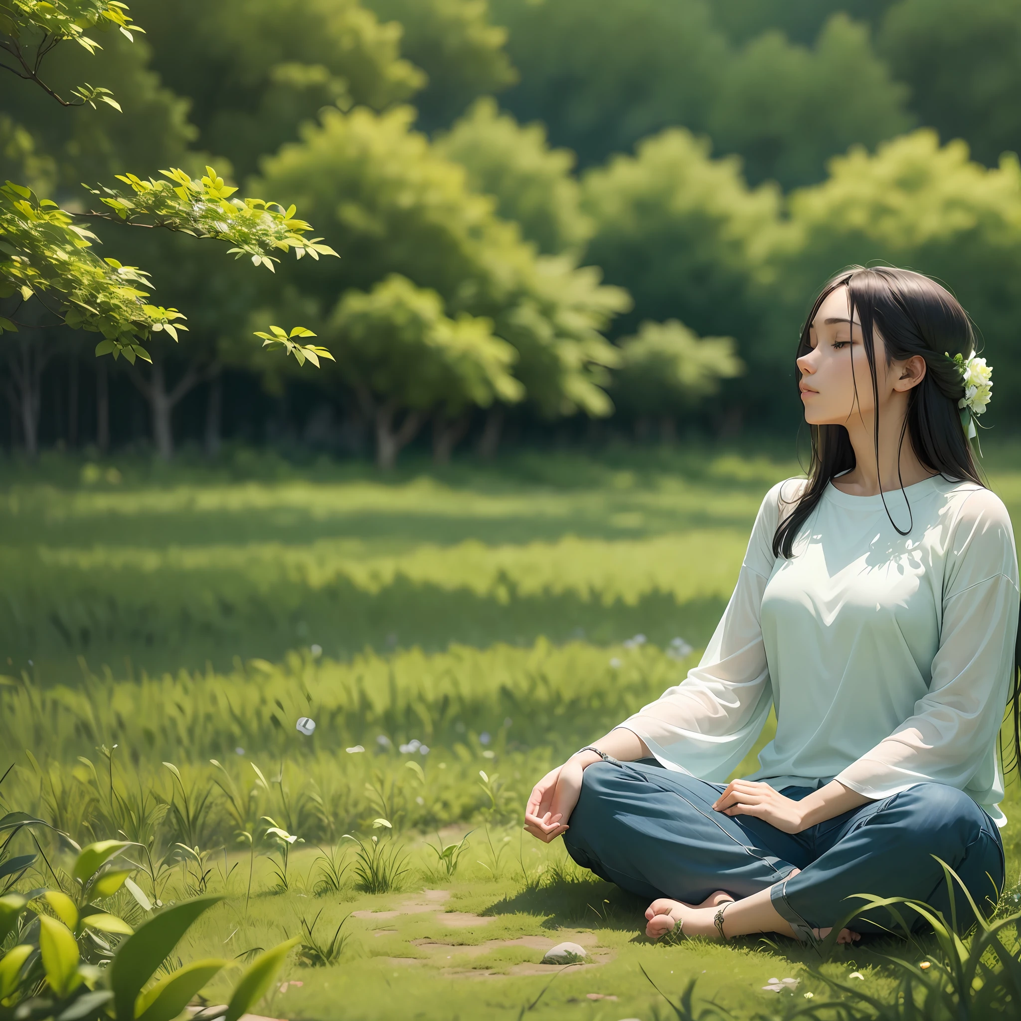 (best quality), serene atmosphere, contemplation, meditation, person sitting, surrounded by lush vegetation, bright green tones, clear blue sky, serene plain, perfect environment to relax and let thoughts flow. --auto --s2