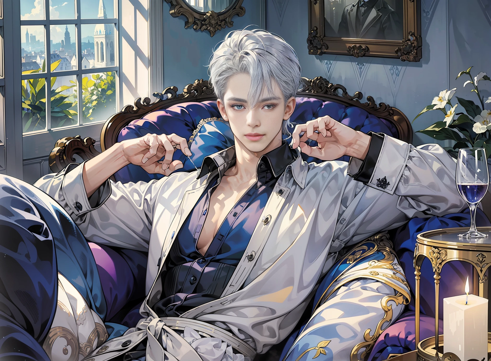 (Silver-haired, blue-eyed man, relaxing on the sofa by the window, :1.5), (masterpiece, top quality, best quality, beautiful illustration,official art,wide angle, beautiful and aesthetic,1 man,:1.5),bathrobe, bottle of liquor, Glasses, Masterpiece Background Midnight, Darkness, Dark Room, Dark tone, Stylish Living Room, Moonlight, (Moonlight Only: 1.5), Invincible Smile, Bewitching, Wolf