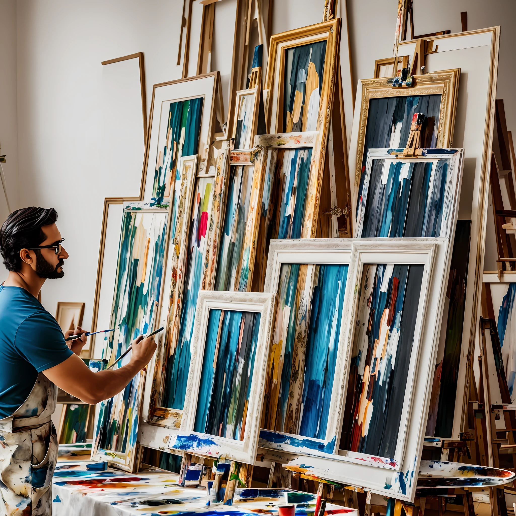 ((An artist painting a frame of masterpiece)),paints and brushes surround the artist,natural light,sketching the initial outlines,fabric prop on the walls,starting with a neutral backdrop.