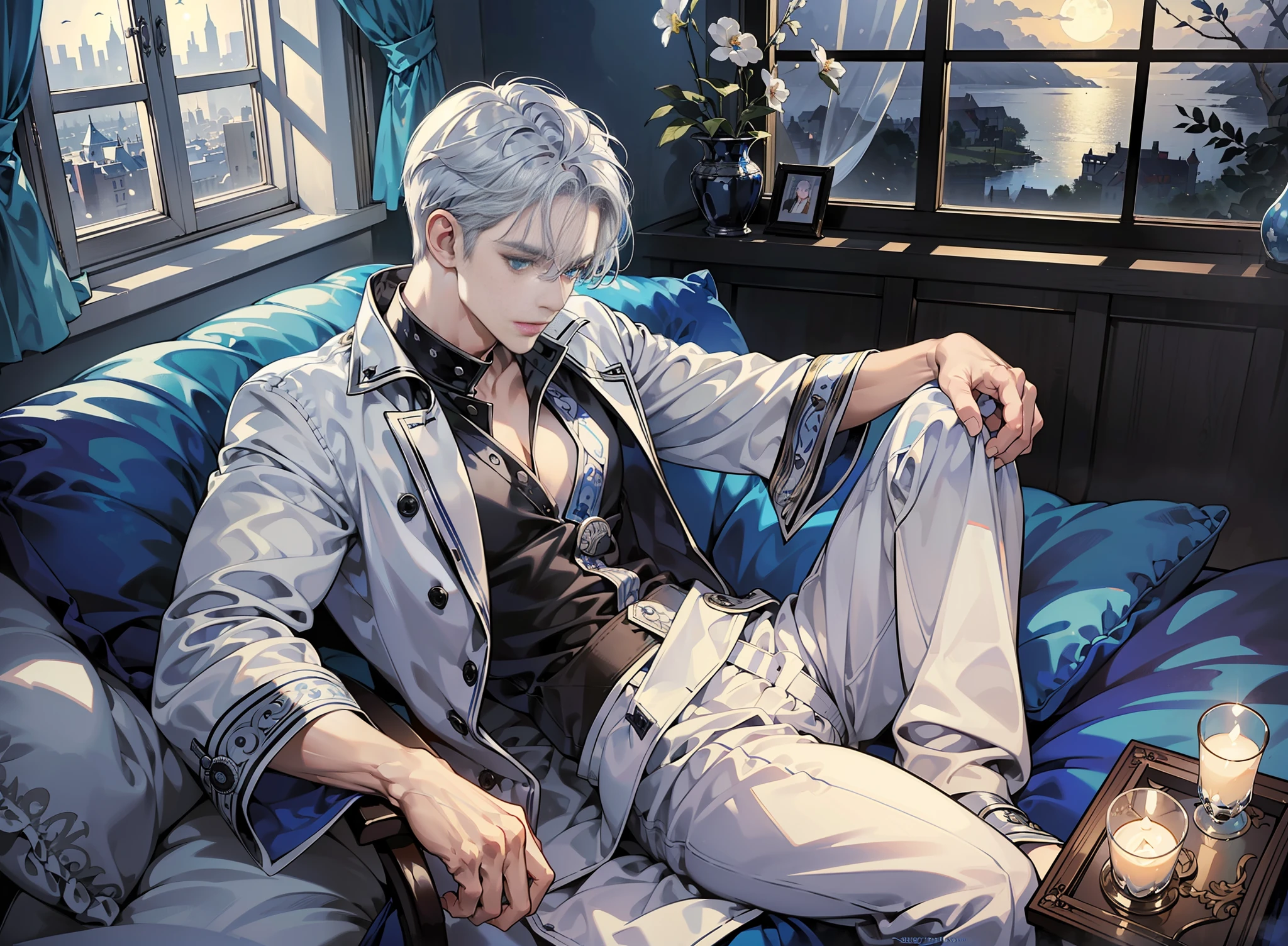 (Silver-haired, blue-eyed man, relaxing on the sofa by the window, :1.5), (masterpiece, top quality, best quality, beautiful illustration,official art,wide angle, beautiful and aesthetic,1 man,:1.5),bathrobe, bottle of liquor, Glasses, Masterpiece Background Midnight, Darkness, Dark Room, Dark tone, Stylish Living Room, Moonlight, (Moonlight Only: 1.5), Invincible Smile, Bewitching, Wolf