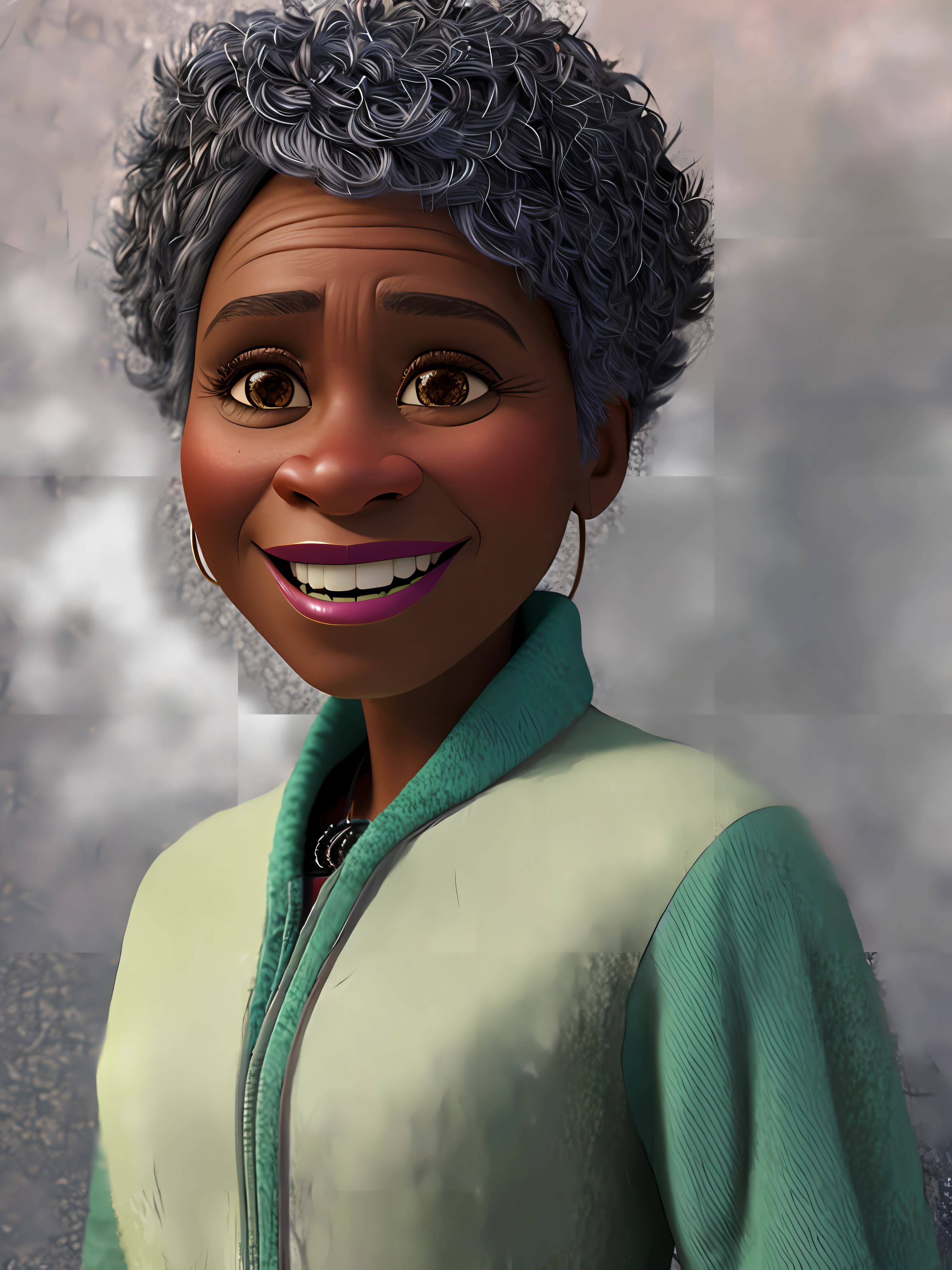 Pixarstyle a waist-high portrait of a 50-year-old black woman, ordinary modern clothes, smile, natural skin texture, 4k textures, HDR, intricate, highly detailed, sharp focus, cinematic look, hyper-detailed