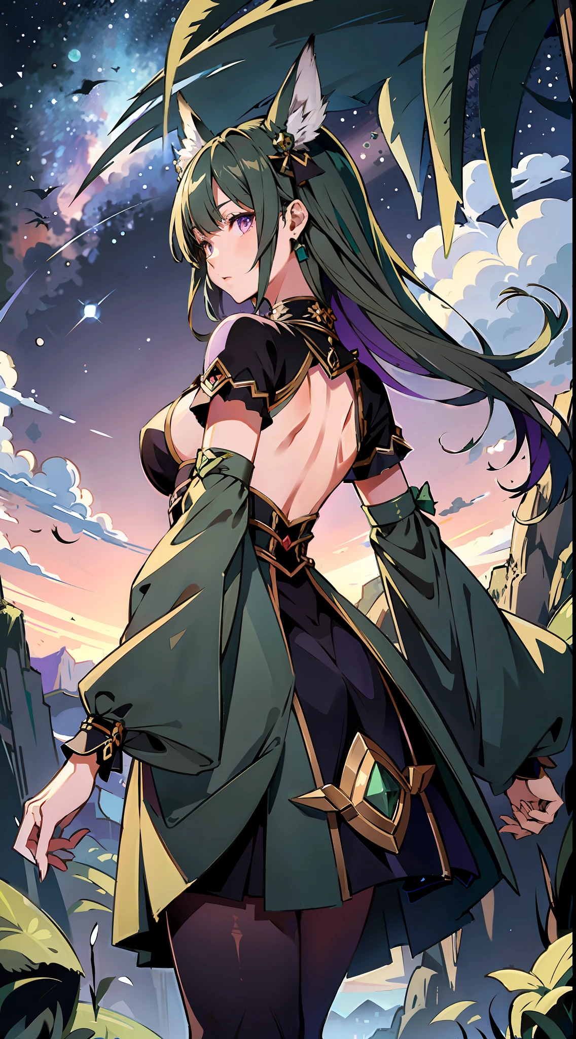 absurd res, high res, (masterpiece:1.4), ultra-detailed, girls, from rear, from below, space, floating, dark green Japanese traditional dress mixed with black, dark green + black dress, black stockings, light green hair, purple eyes, hands out of frame, furry ears, slightly open top, fox ears, medium breasts, boobs, glassy eyes, no human ears, glassy purple,