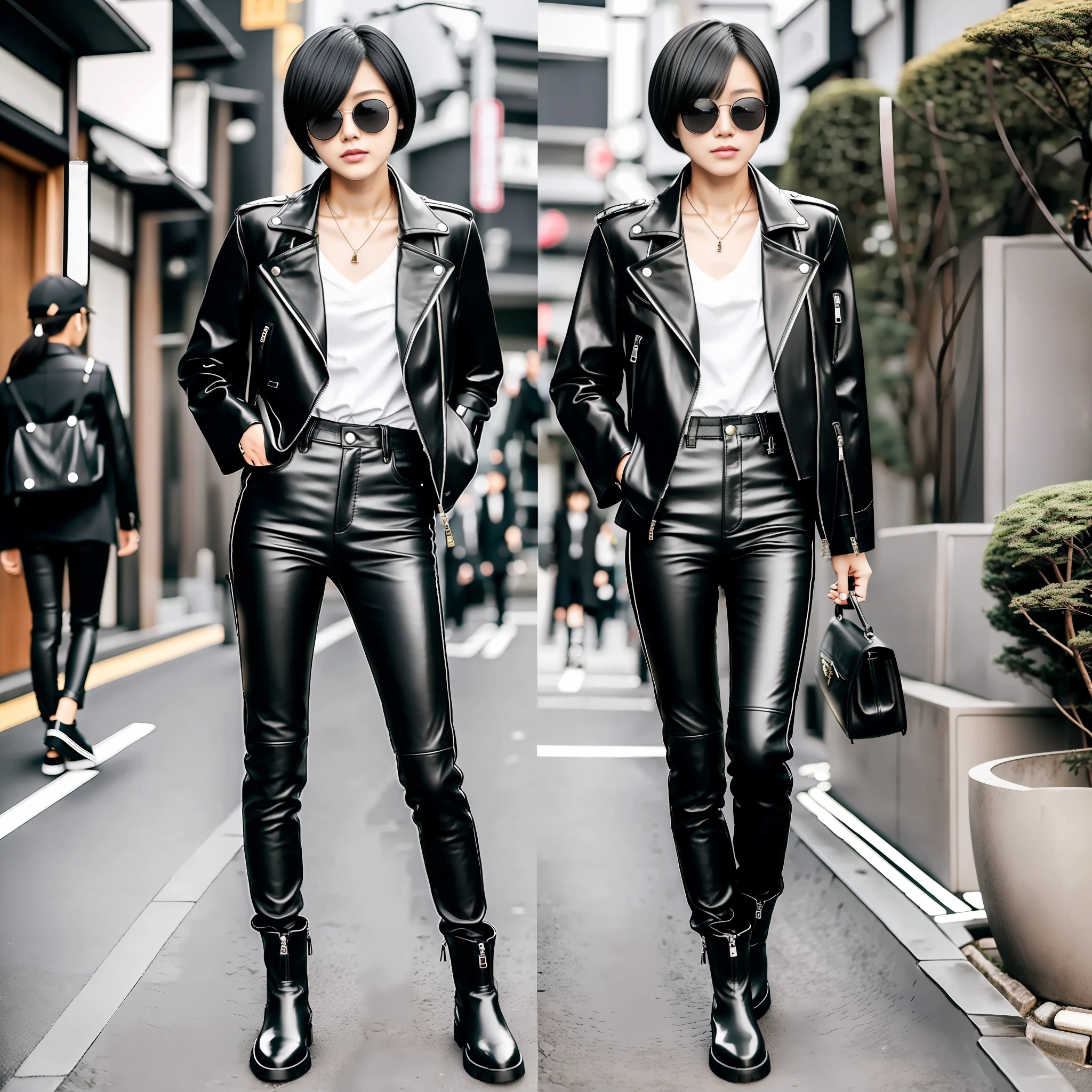Japan Female 18 years old Full length Boyish Cool Black Riders Jacket Leather Pants Leather Boots 180cm F Cup Black Hair Short Cut Sunglasses