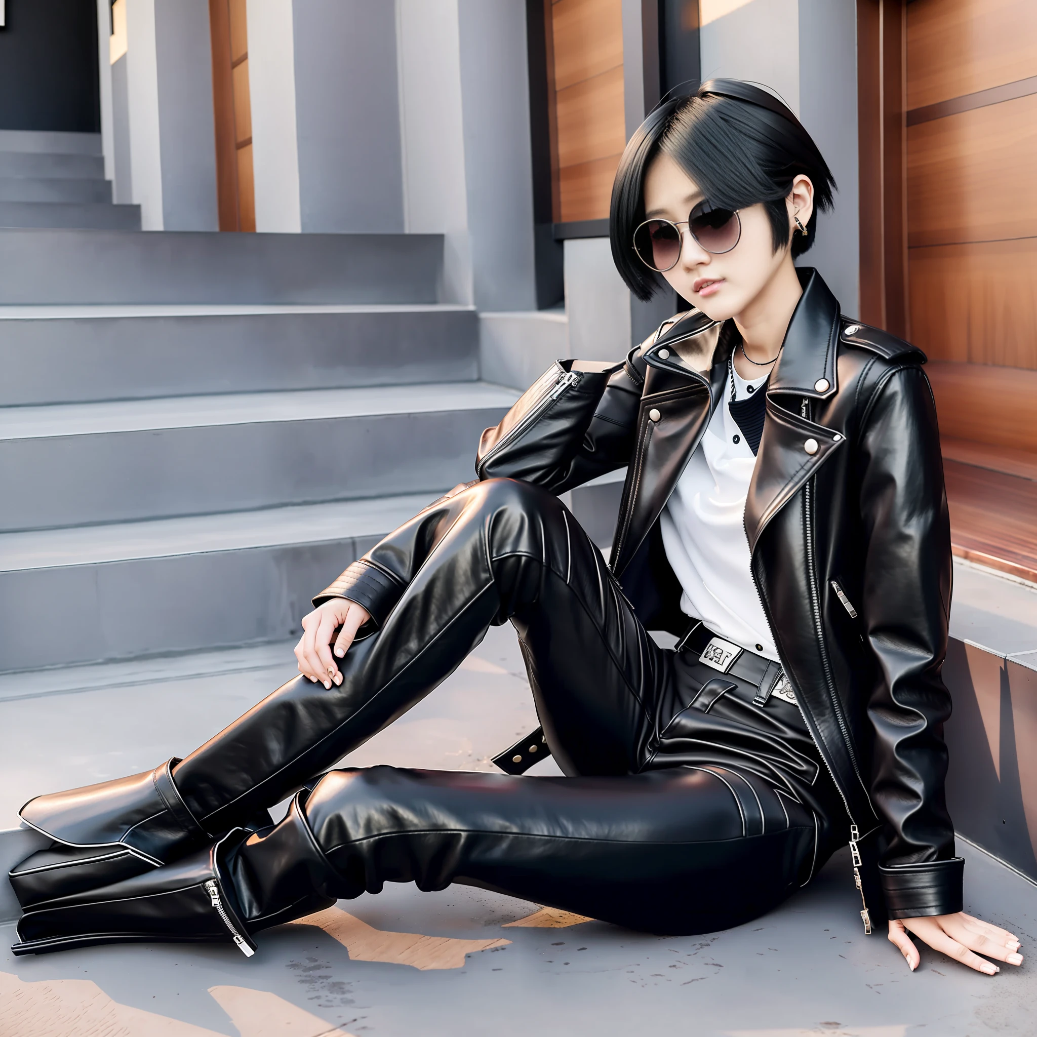 Japan Female 18 years old Full length Boyish Cool Black Riders Jacket Leather Pants Leather Boots 180cm F Cup Black Hair Short Cut Sunglasses