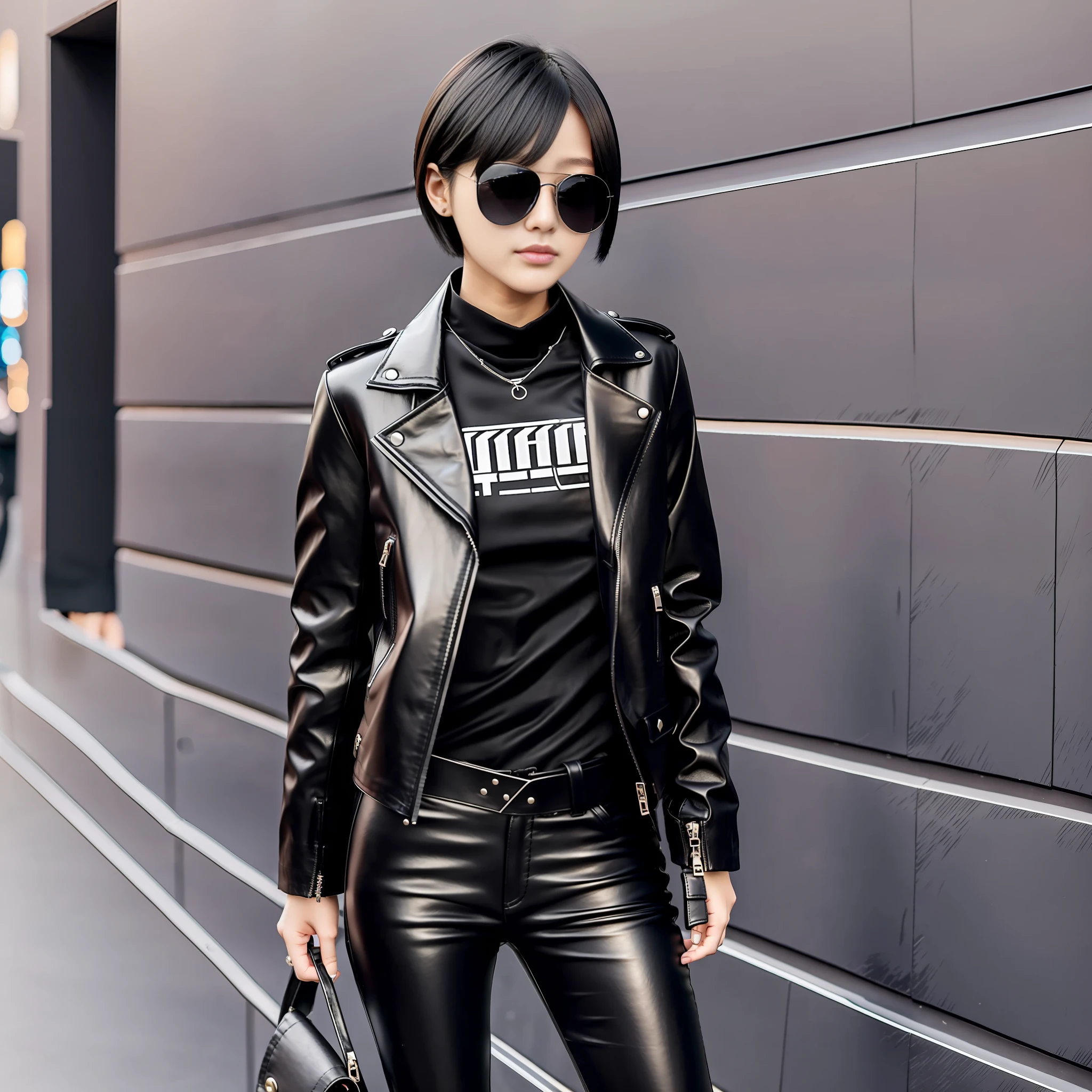 Japan Female 18 years old Full length Boyish Cool Black Riders Jacket Leather Pants Leather Boots 180cm F Cup Black Hair Short Cut Sunglasses