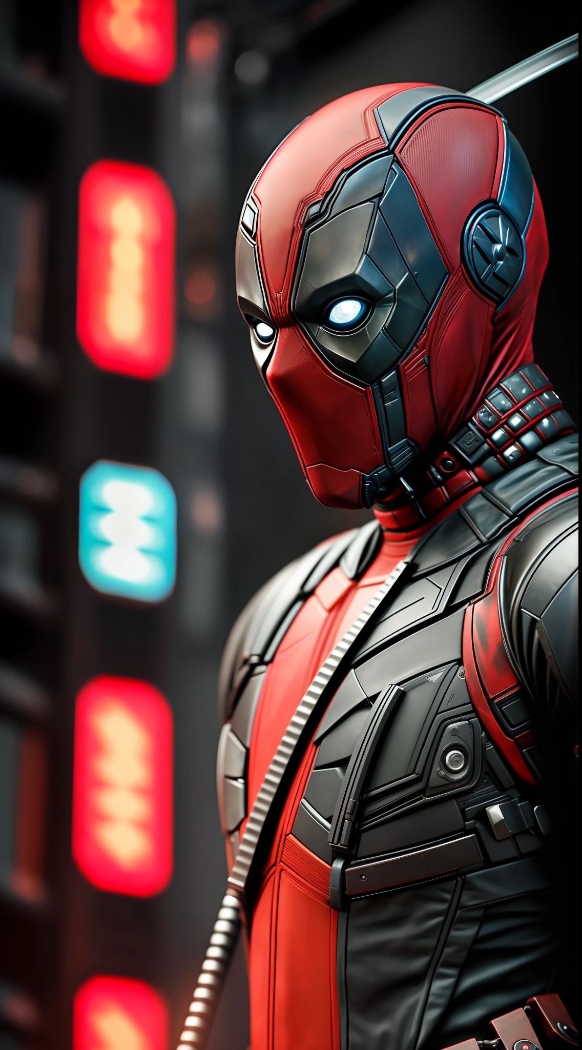 Deadpool from Marvel photography, biomechanical, hyper-realistic, insane small details, extremely clean lines, cyberpunk aesthetic, a masterpiece brought to Zbrush Central
