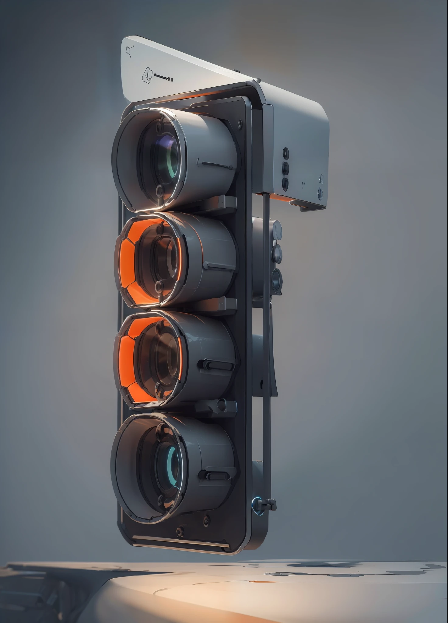 a white plastic producr design of traffic lights with three orange lights, (masterpiece), (best quality), photorealistic, 8k raw photo, ultra high res, mechanics, mechanical parts, product photo, studio shot, complex lighting, dark grey background studio