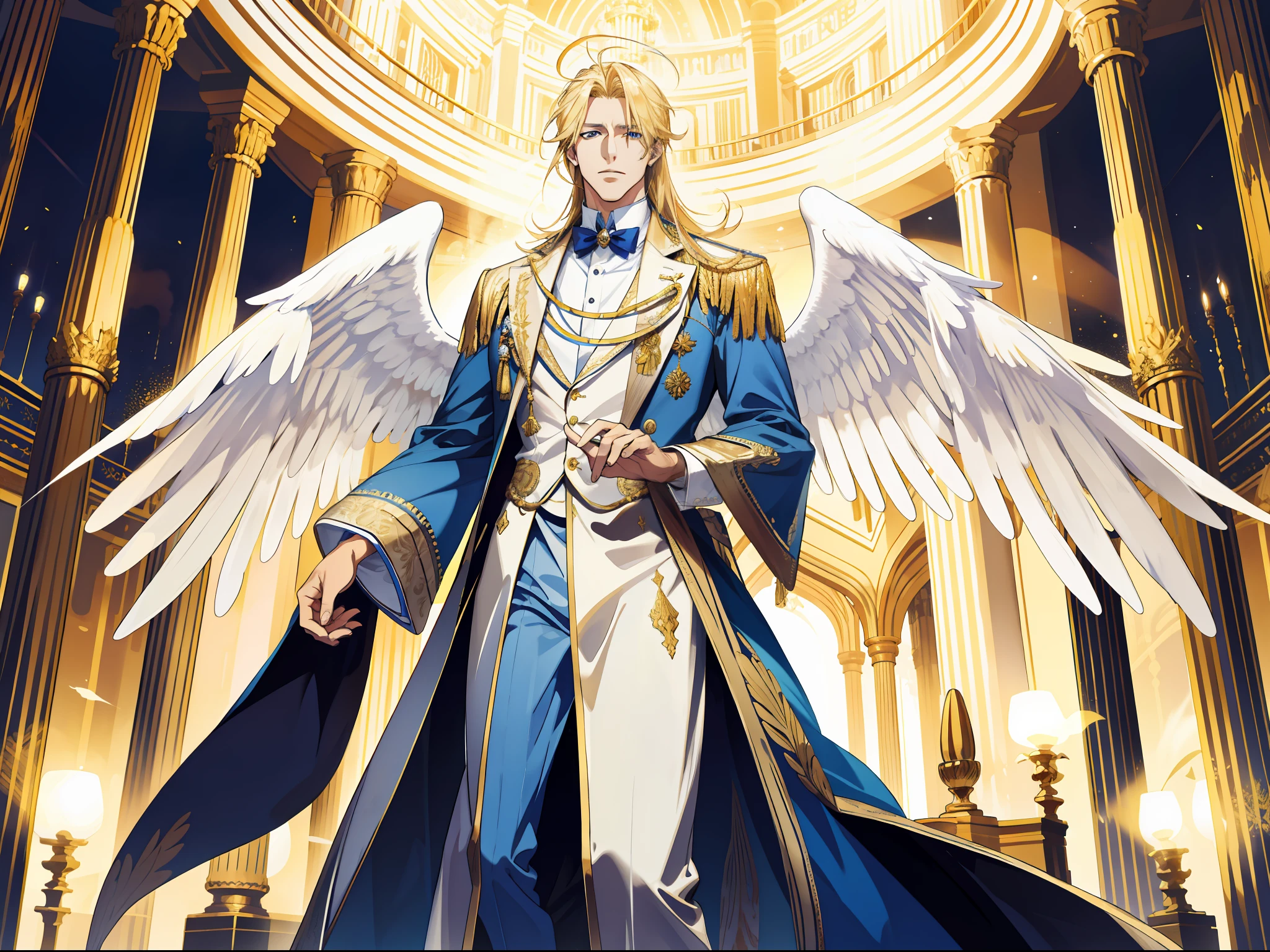 (absurd, high resolution), (panorama) (1 male), middle-aged, long blonde hair, blue and white dress, golden decoration, (tall), serious, irritated, open mouth, hands behind back, 3 pairs of huge wings, broad arms, angel descending, palace, powerful, majestic, intense luster, white-gold dress, exquisite clothes, streamers, golden magic around the whole body,